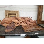 Hardwood carving of dolphins, 3 decorative carved