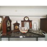 Vanity mirror with barometer, 2 mantel clocks, gla