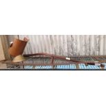 Scythe, vintage saw, copper/brass coal scuttle