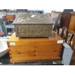 20th century pine trunk along with a brass box