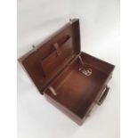 A copper warming pan; a small leather suitcase and