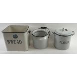 Three vintage white enamel kitchen containers, inc