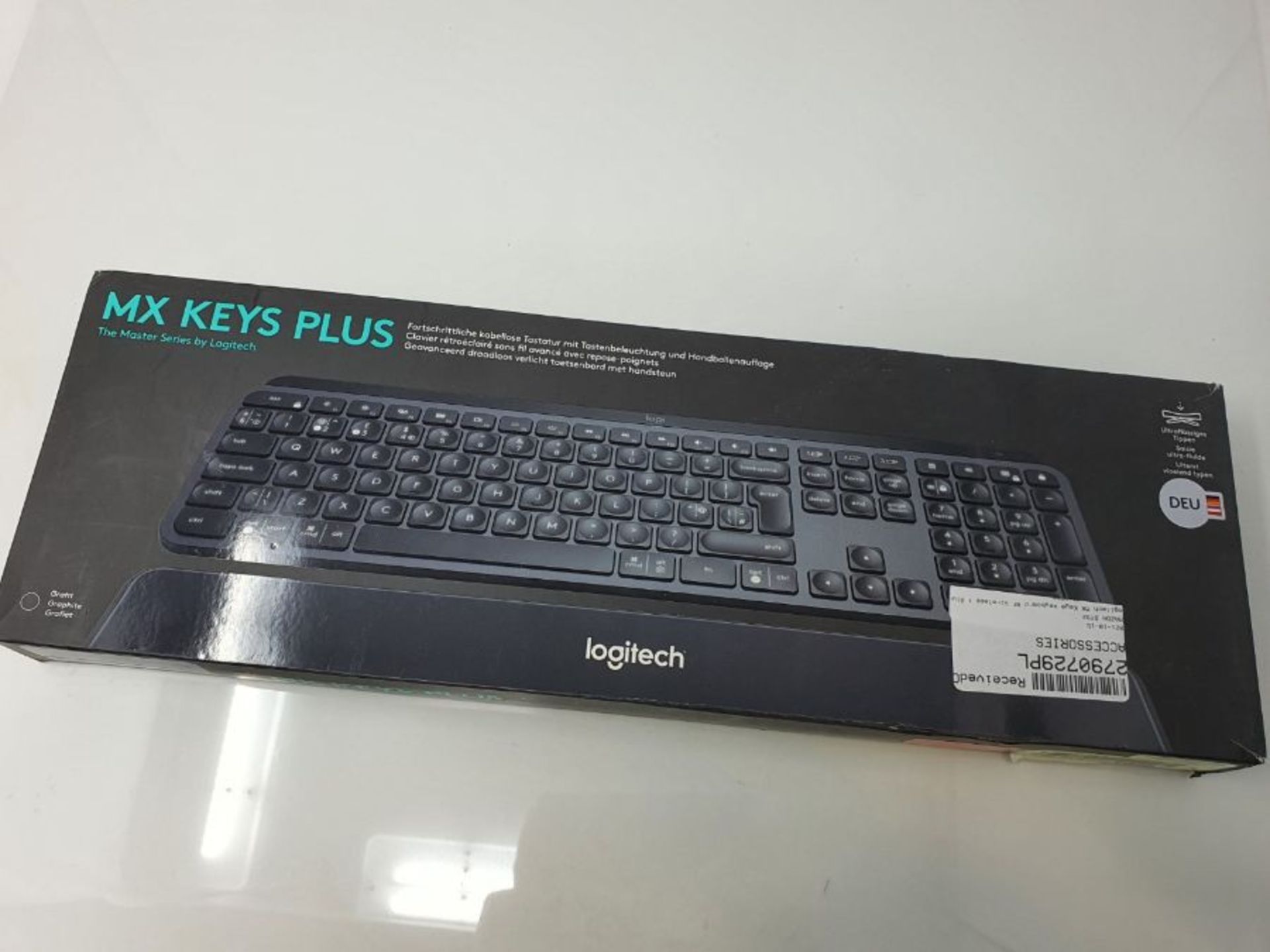 RRP £86.00 Logitech MX Keys Plus Advanced Wireless Illuminated Keyboard with Palm Rest, QWERTZ Ge - Image 2 of 3