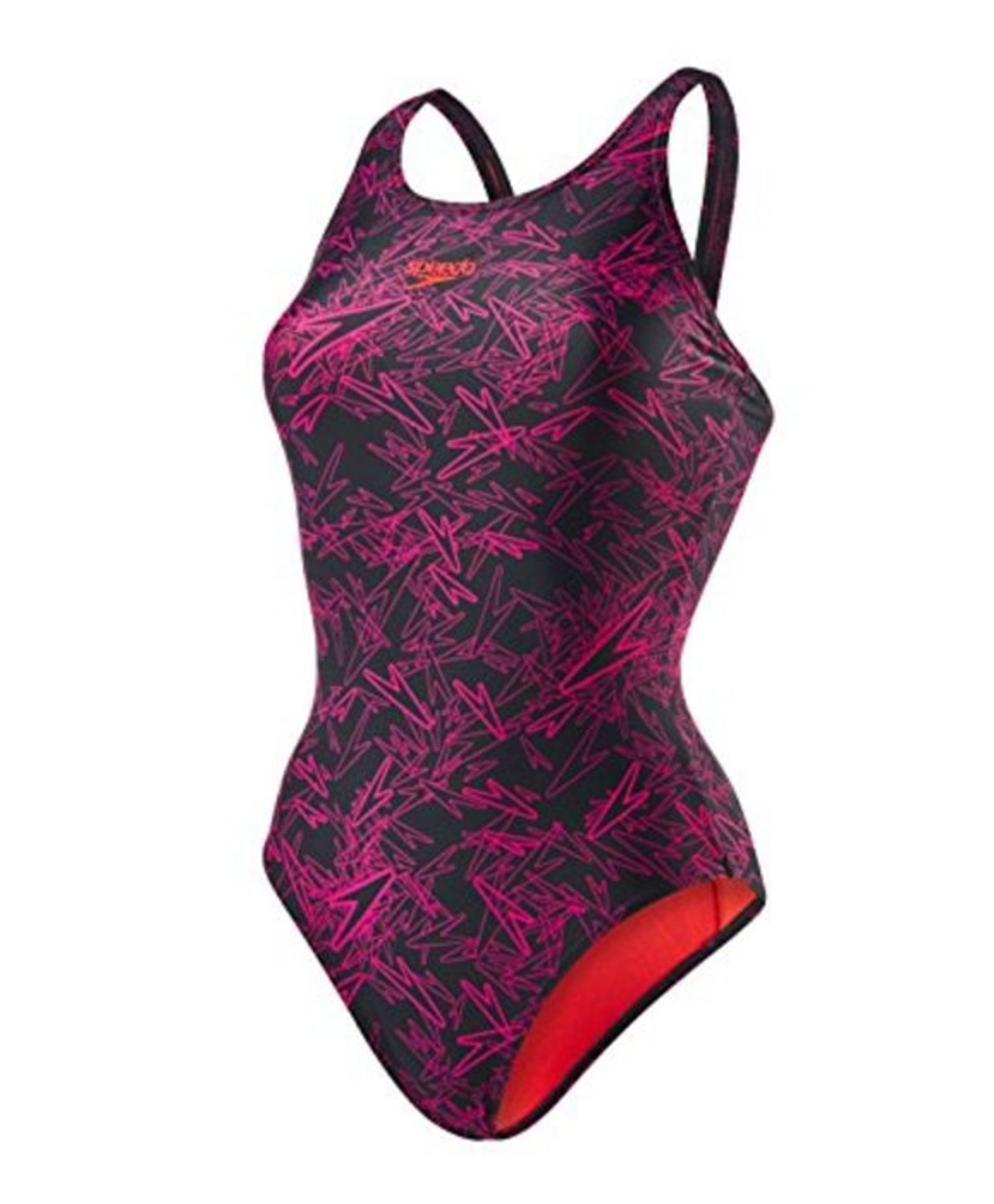 Speedo Damen Boom Allover Muscleback Swimwear, Schwarz/Rosa/Rot, 40 (DE 44)