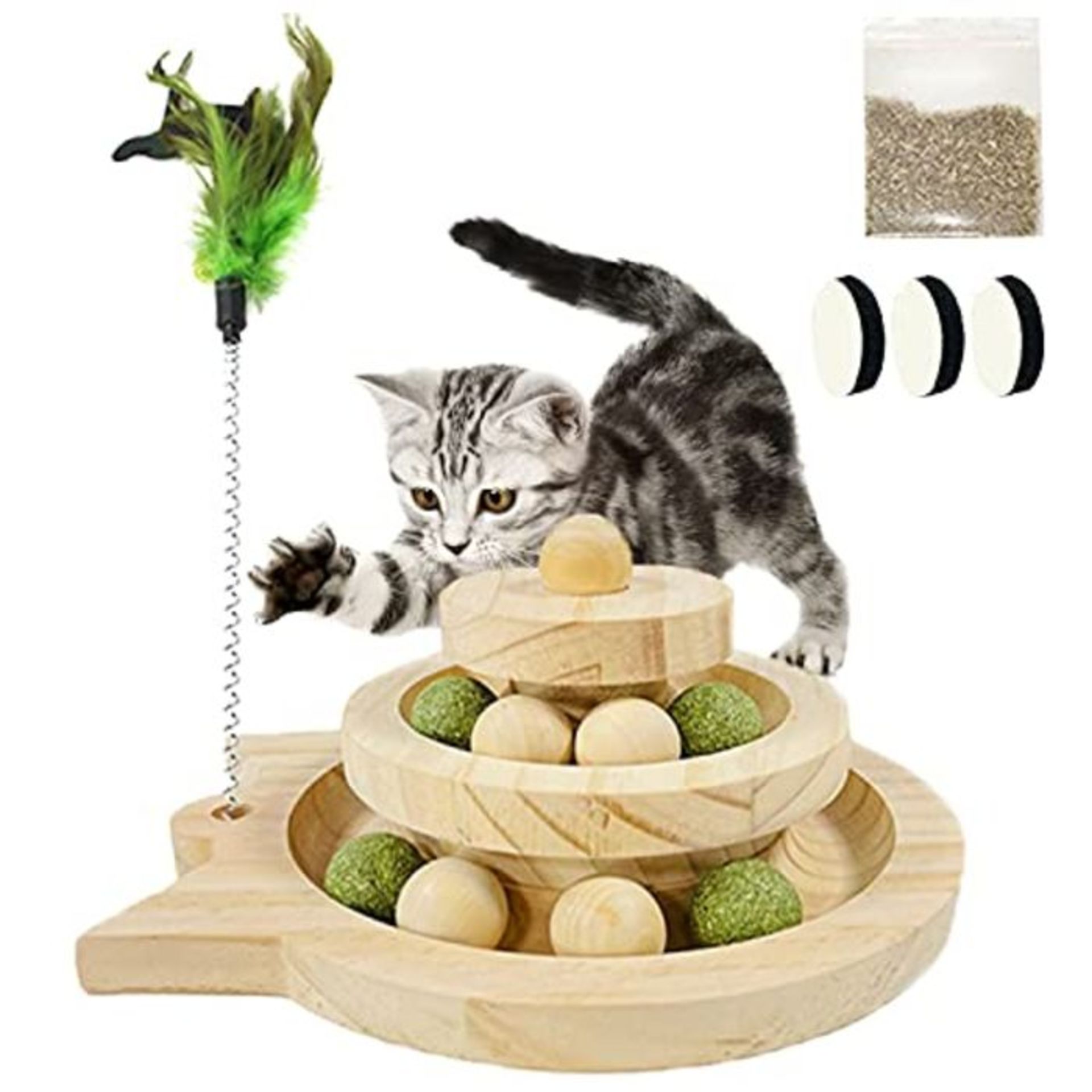CJWDZ Wooden Ball Cat Toy Interactive Cat Toy Wooden Ball Run Cat Tower Roll Toy with