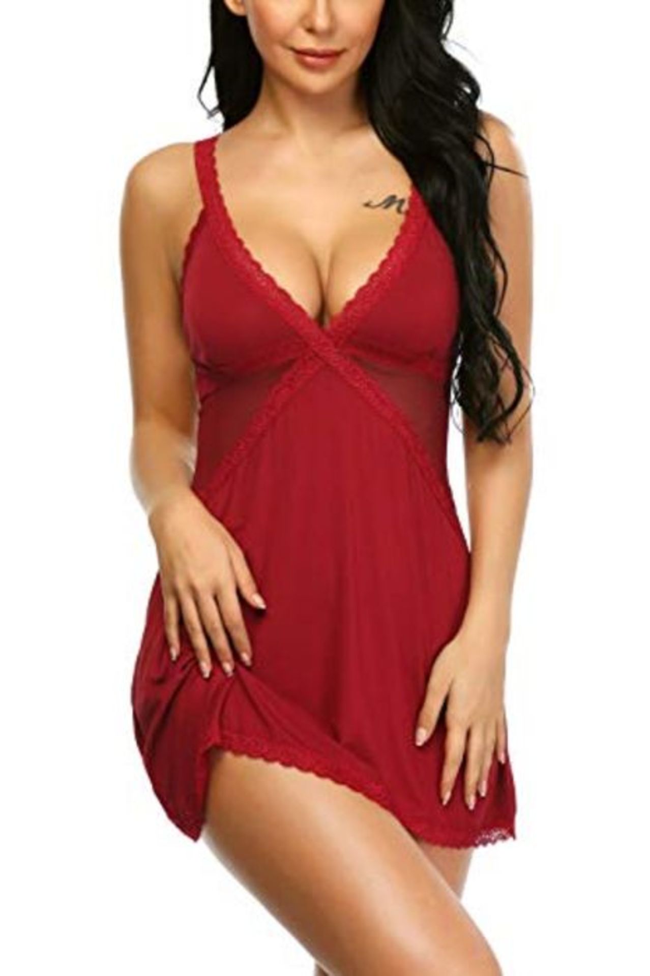 Aranmei Chemise de Nuit Pyjama Femme Sangle Reglables Sexy Nuisette Dentelle V Profond