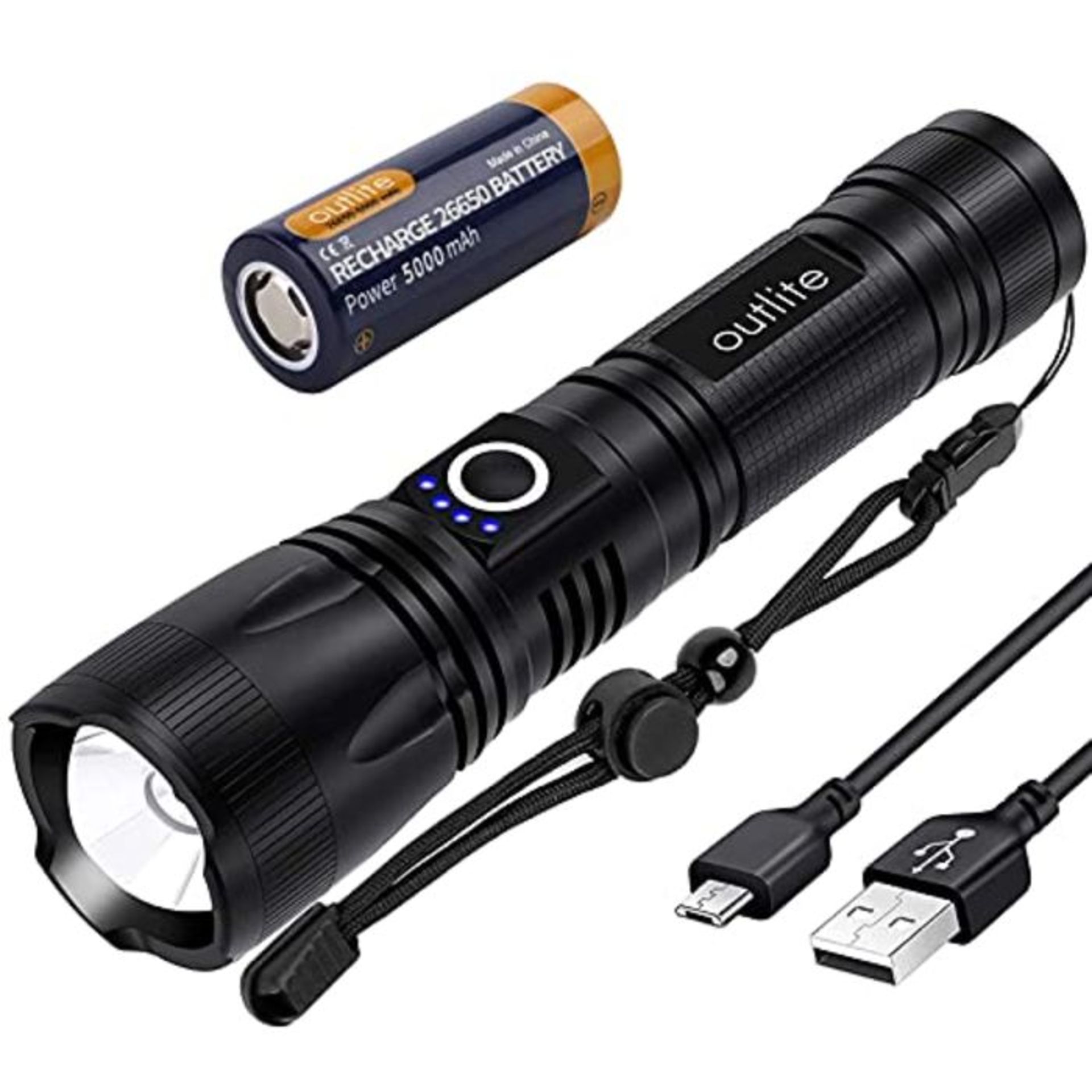 outlite Torch 5000 High Lumens, LED Torch 5000mAh USB Rechargeable 26650 Battery Inclu