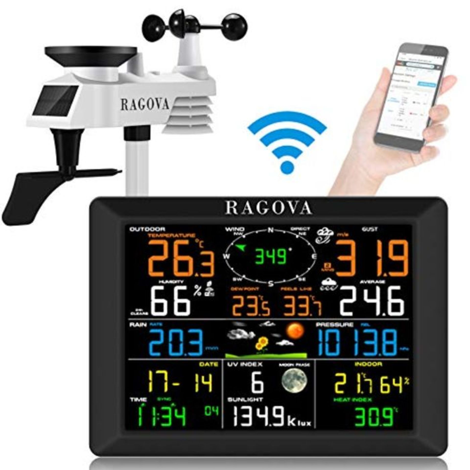 RRP £189.00 Ragova professional WiFi weather station, WiFi wireless weather station with large 8 i