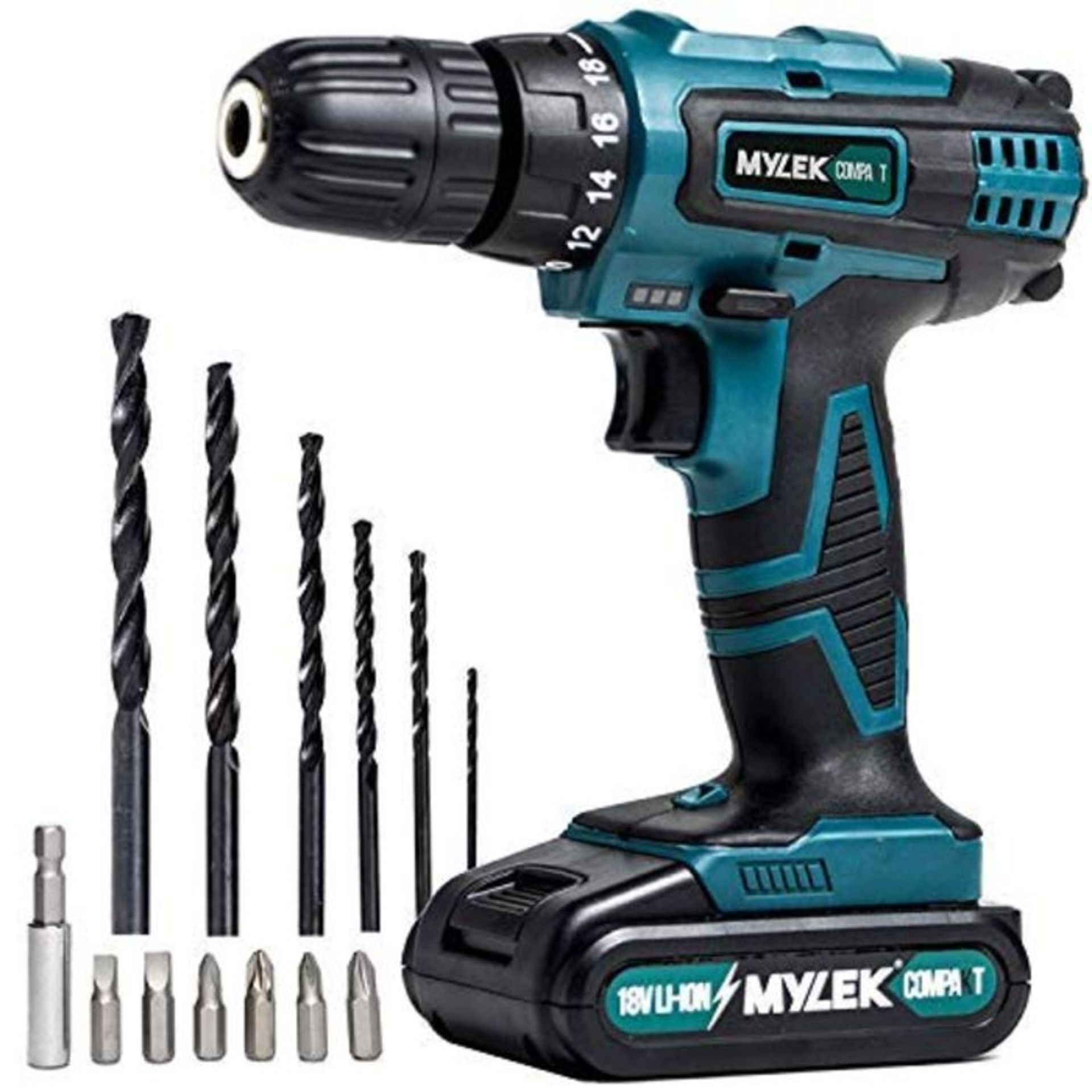 MYLEK MY18VCB 18V Cordless Drill Driver Set, Lithium Ion Battery Pack, Combi DIY 13 Pi