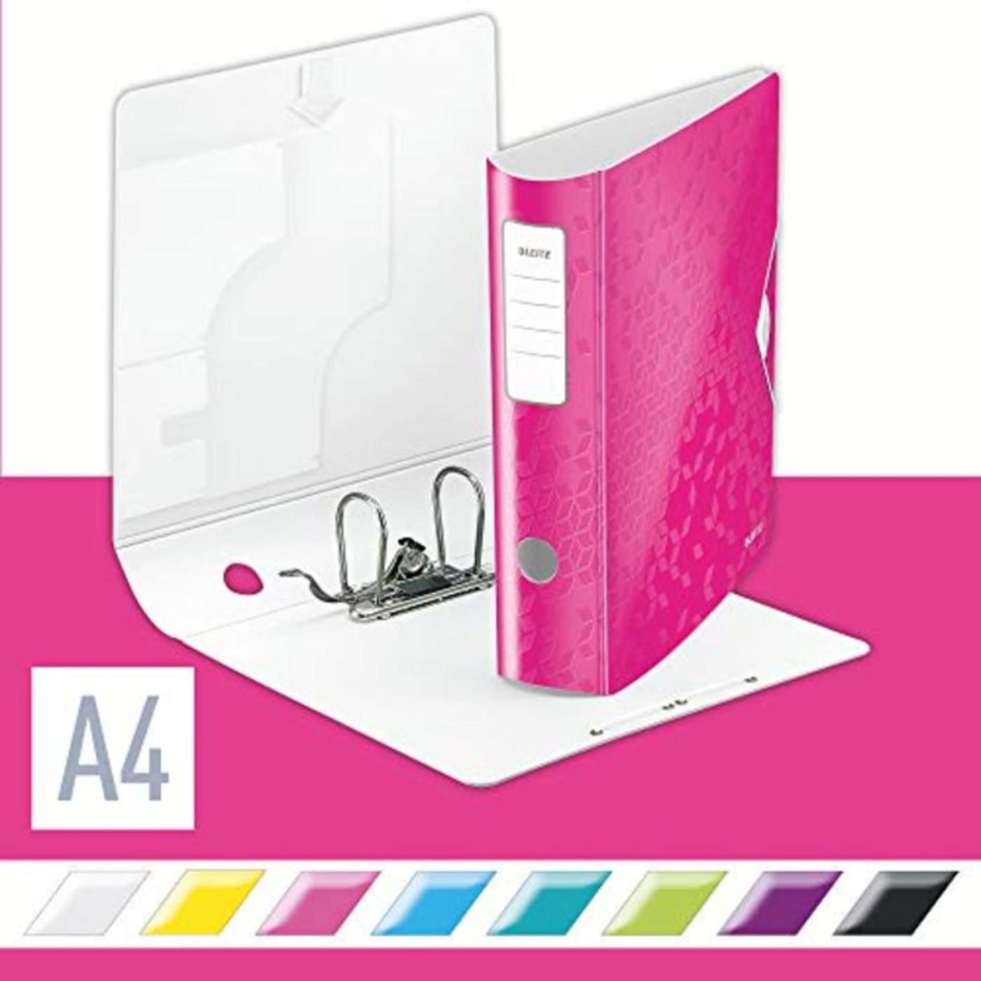 Leitz Lever Arch File, Metallic pink, A4, Curved spine 75mm width, Elastic fastening,