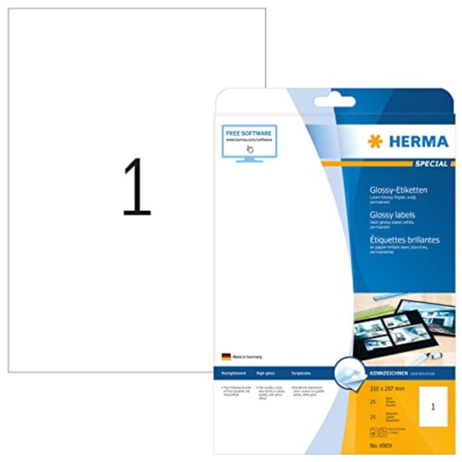HERMA Self Adhesive Glossy Paper Labels, 1 Label Per A4 Sheet, 25 Labels For Laser Pri