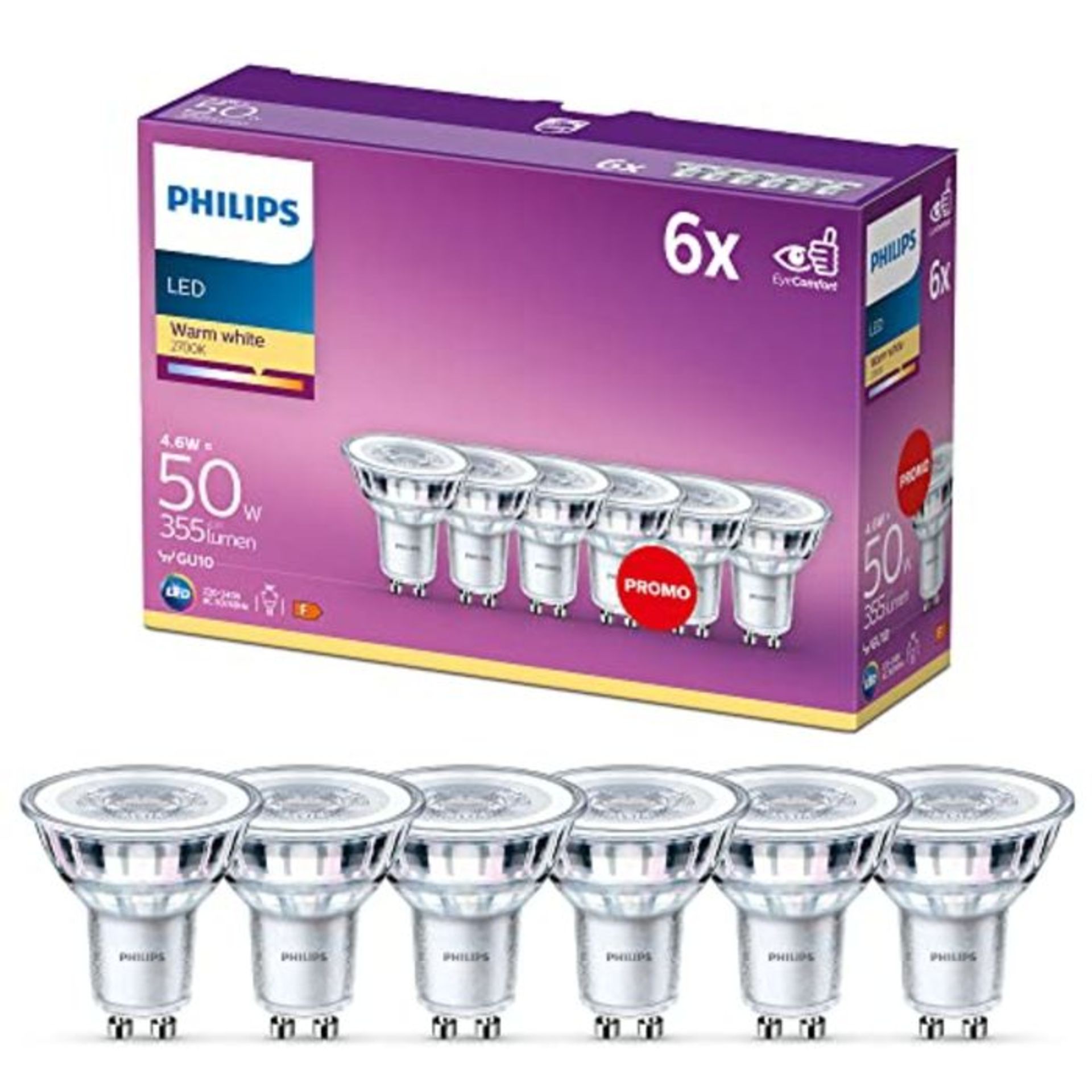 Philips ampoule LED Spot GU10 50W Blanc Chaud, Verre, Lot de 6