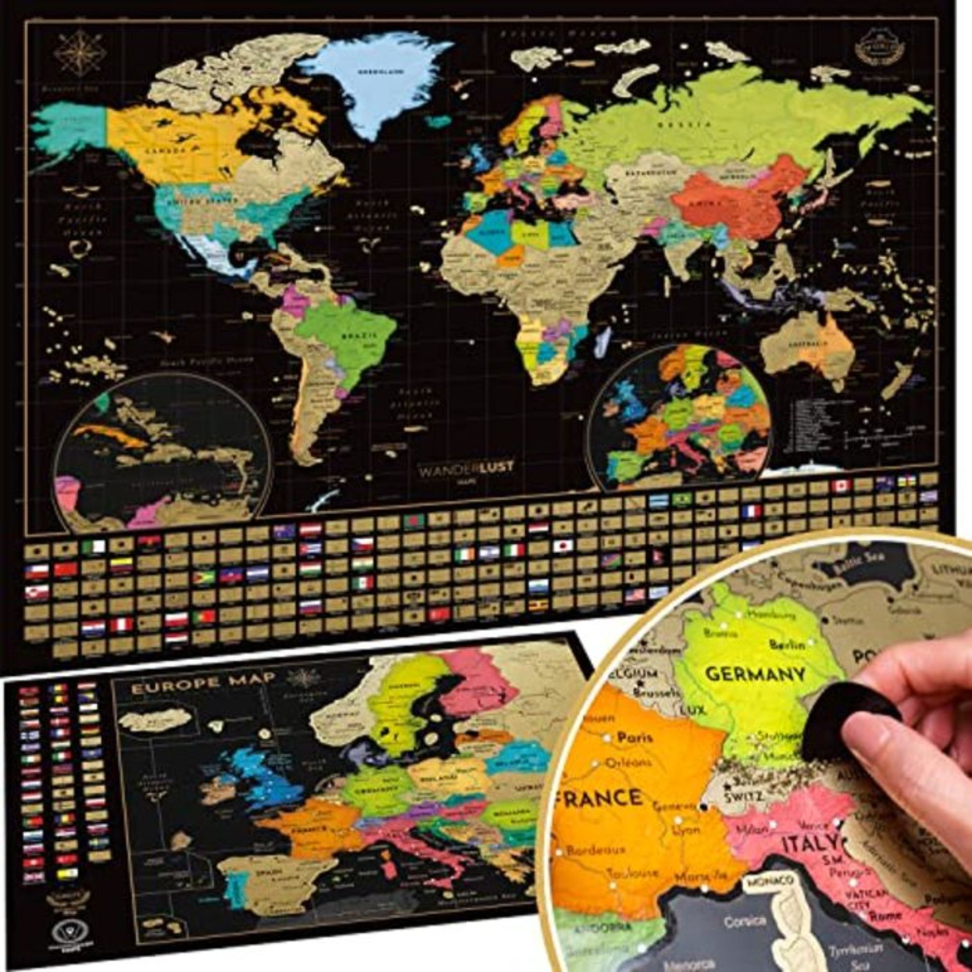 Two Scratch Off Maps - Scratch Off World Map + Europe Map - Deluxe Scratch-Off Interna
