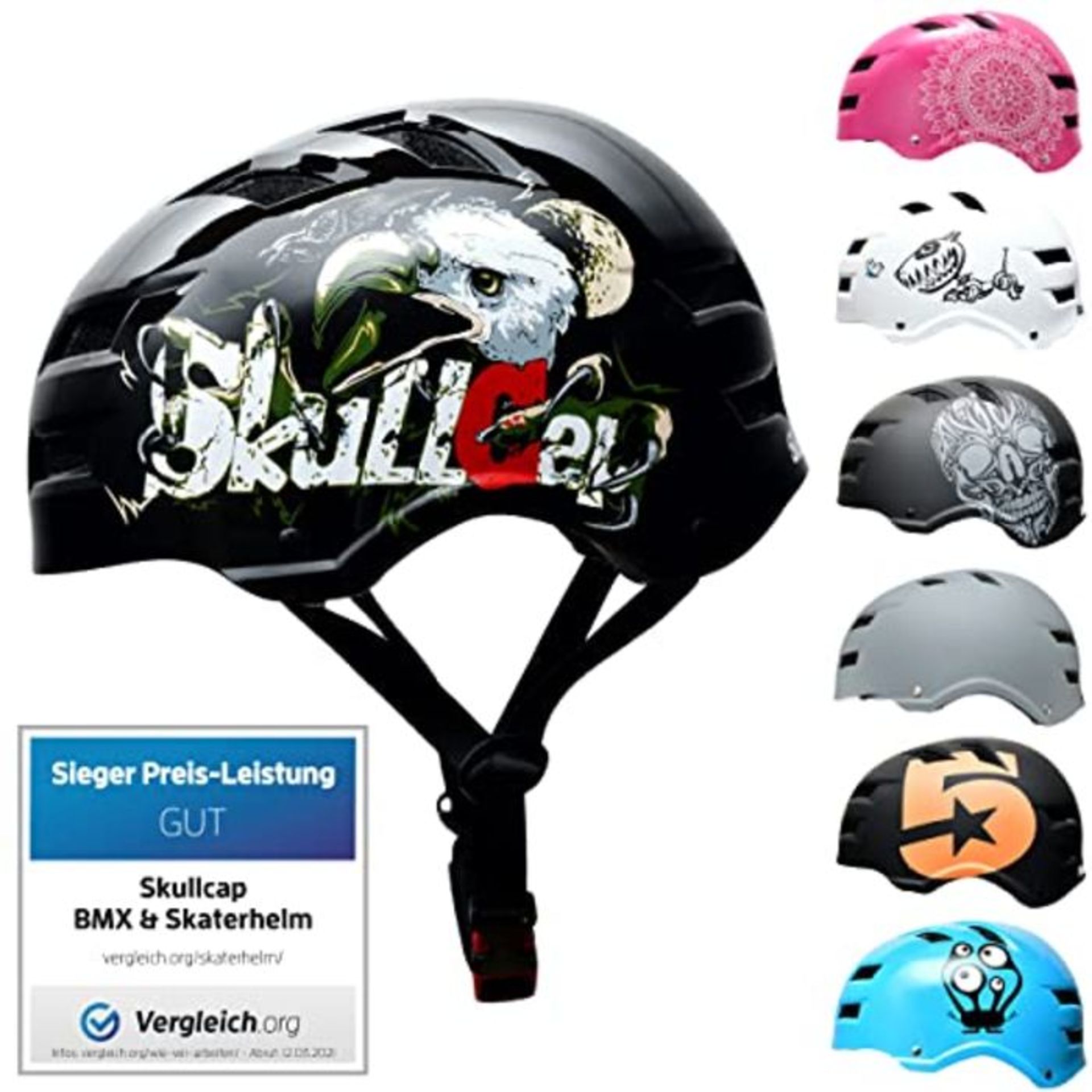 Skull-C Skateboard & BMX-Bike Helmet Youth & Adults - 30 Designs, Glossy Black Eagle,