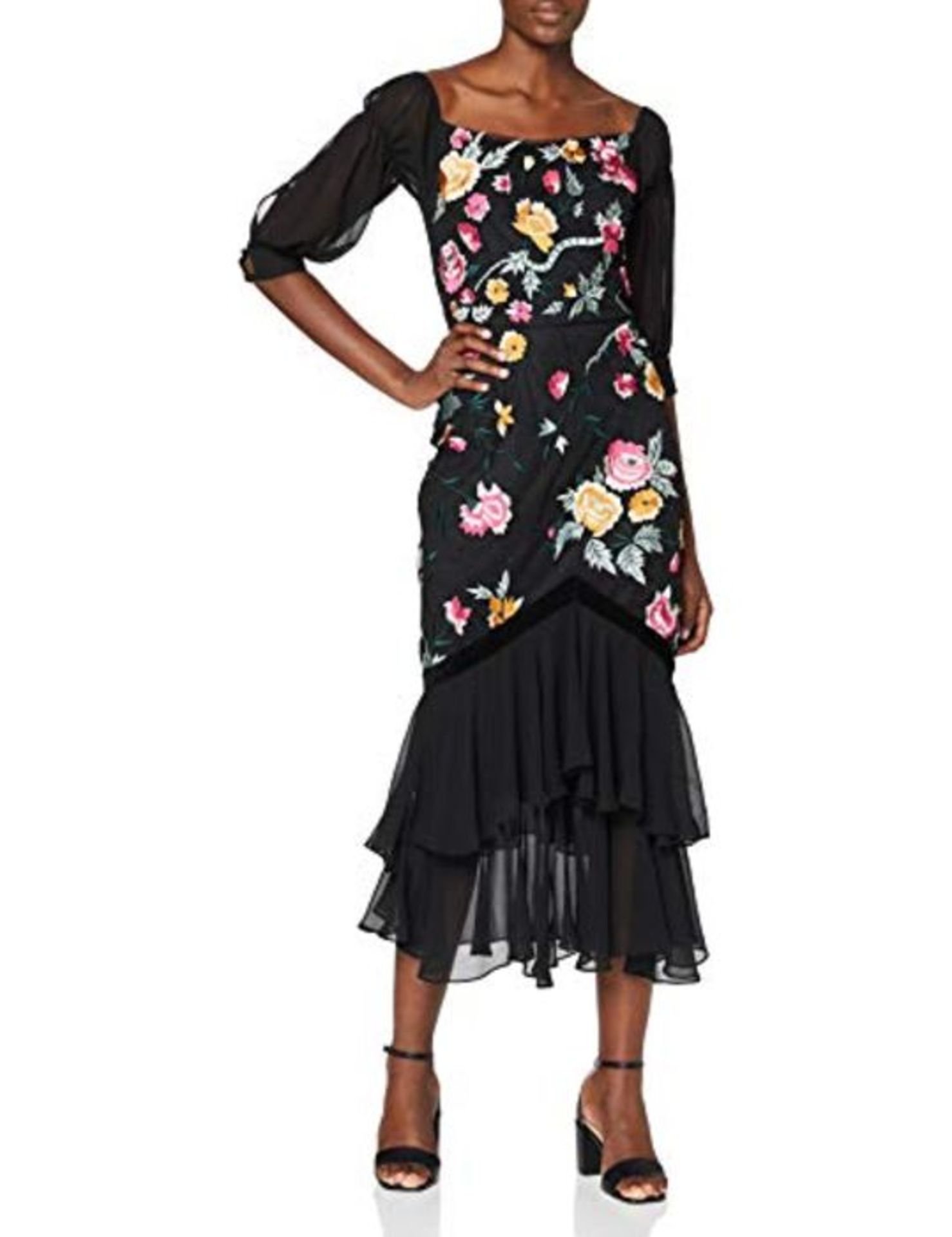 RRP £71.00 Frock and Frill Women's Embroidered midi Dress Cocktail, Black, 10
