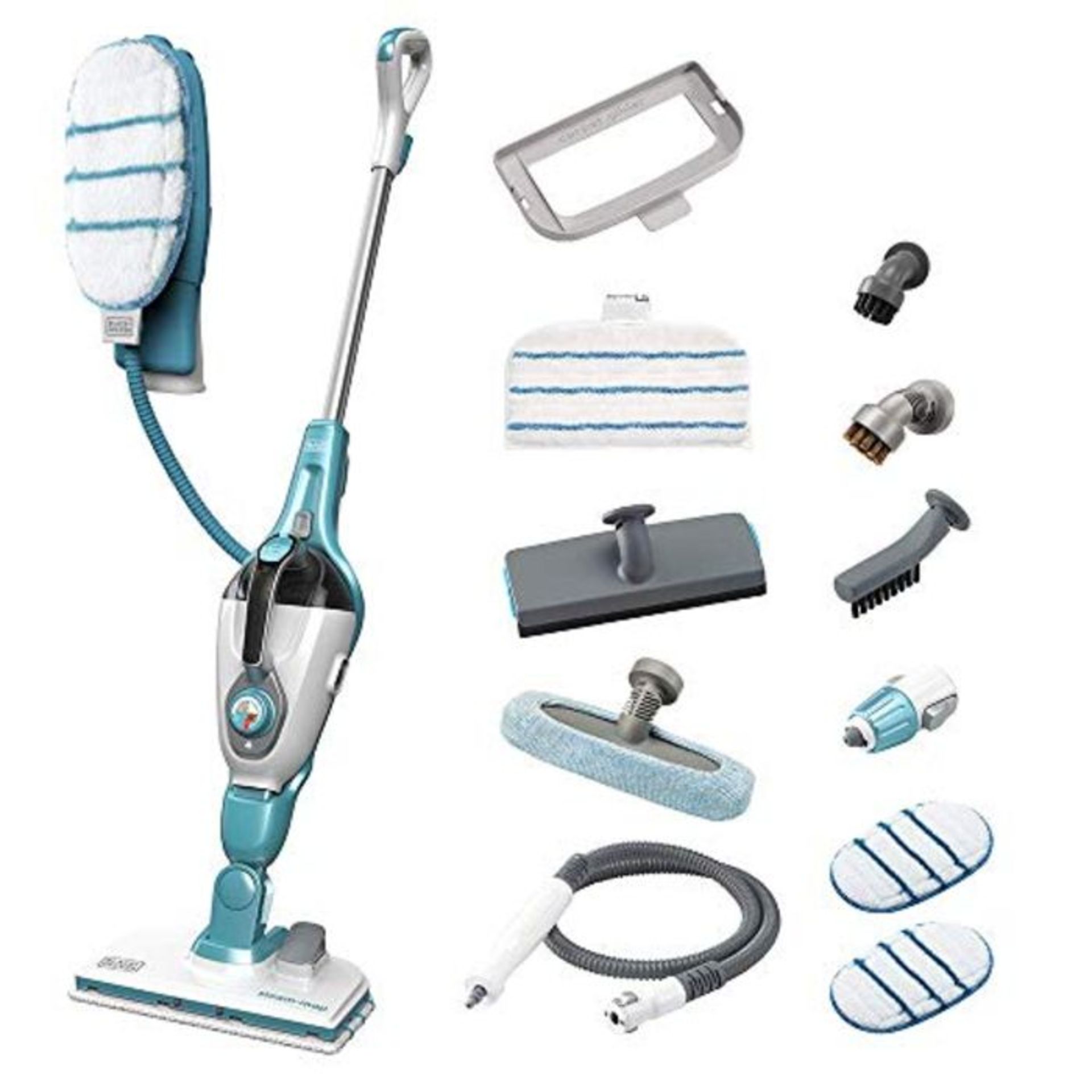 RRP £160.00 [INCOMPLETE] Black &amp; Decker FSMH Steam Mop 13 accessories Blanc / Bleu ciel