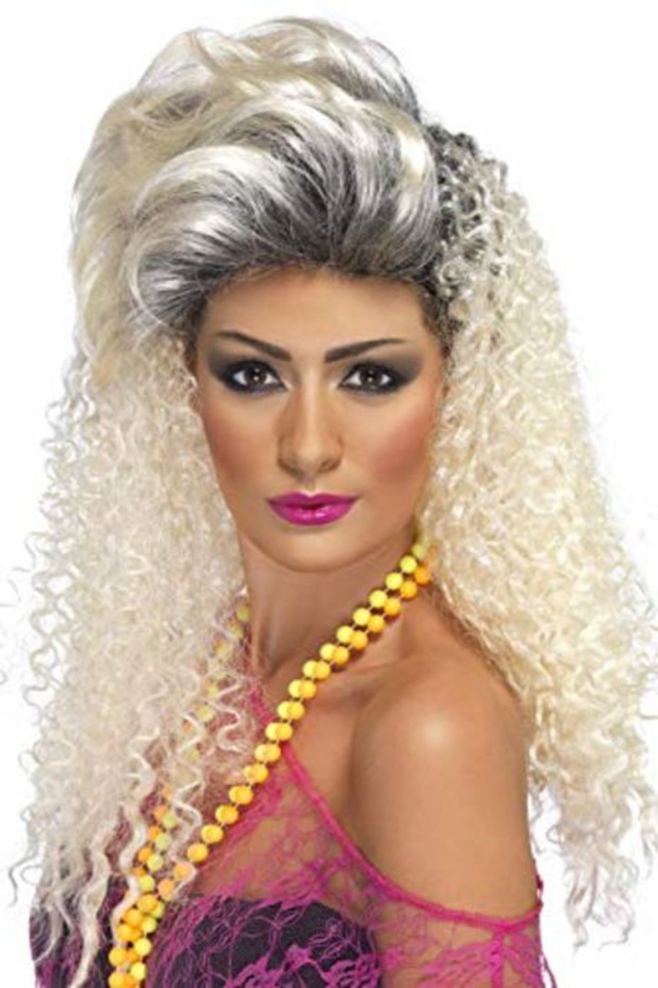 Smiffys Women's Long Curly Blonde 80's Wig with Quiff, One Size, 80's Bottle Wig, 5020