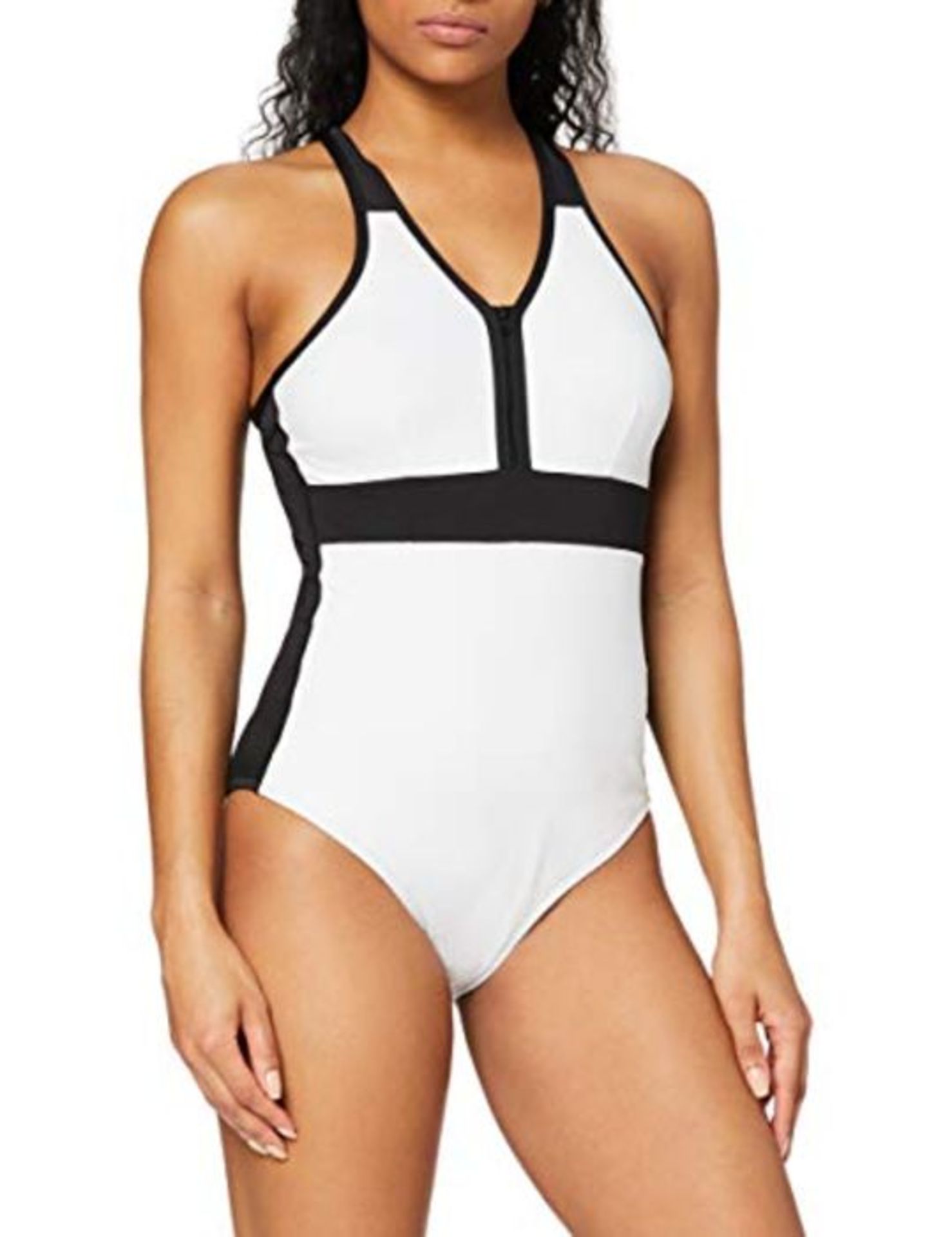 Amazon Brand - AURIQUE Women's Sports Monokini, White (White/Black), L, Label:L