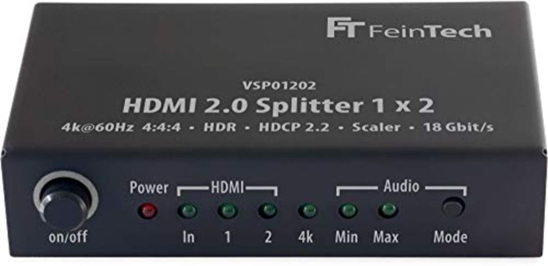 FeinTech VSP01202 Splitter HDMI 2.0 1x2 con 4K HDR Down-Scaler Audio-EDID Nero