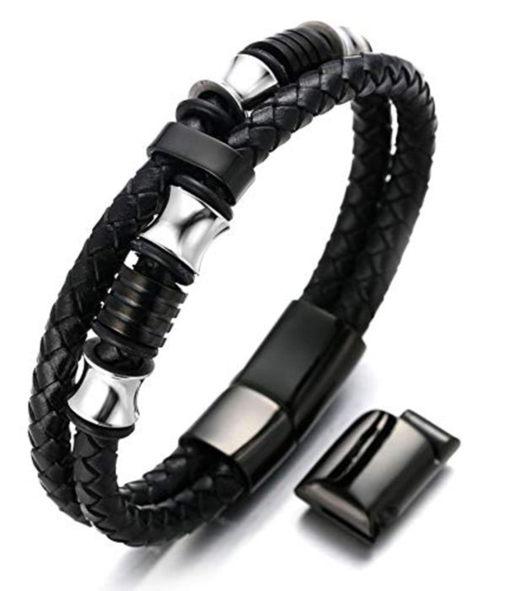 HALUKAKAH Men's Leather Bracelet Titanium Beads Golden/Silver/Black Magnetic Clasp Sol