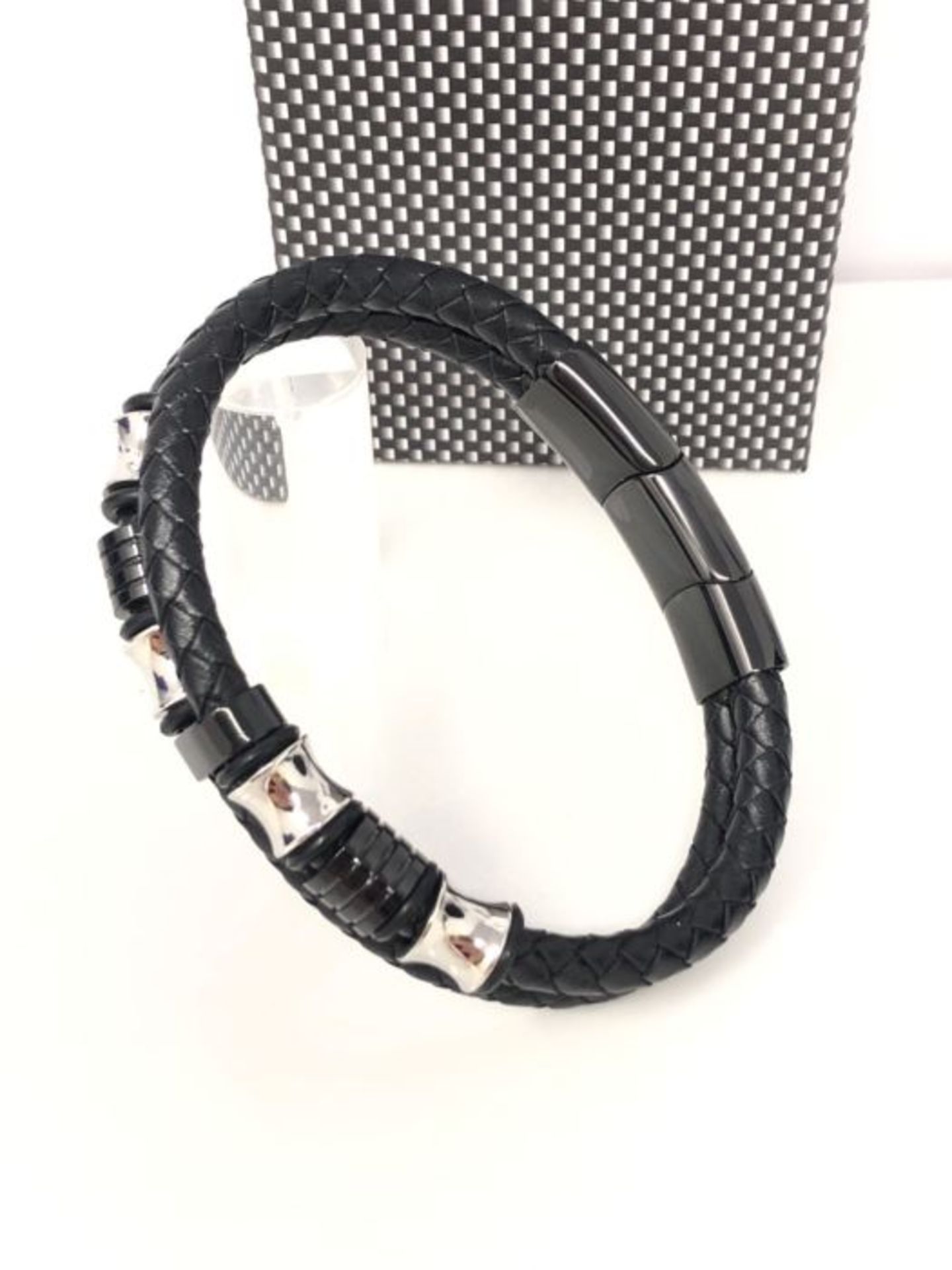 HALUKAKAH Men's Leather Bracelet Titanium Beads Golden/Silver/Black Magnetic Clasp Sol - Image 2 of 3