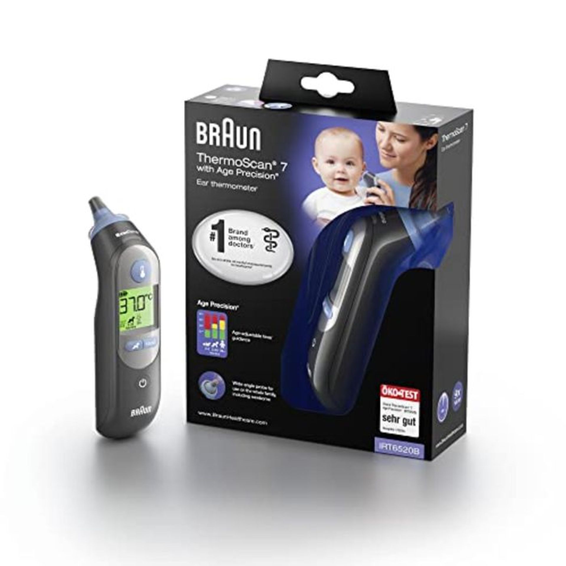 RRP £61.00 Braun ThermoScan 7 Ohrthermometer, Schwarze Edition (Age Precision, farbcodierte Tempe