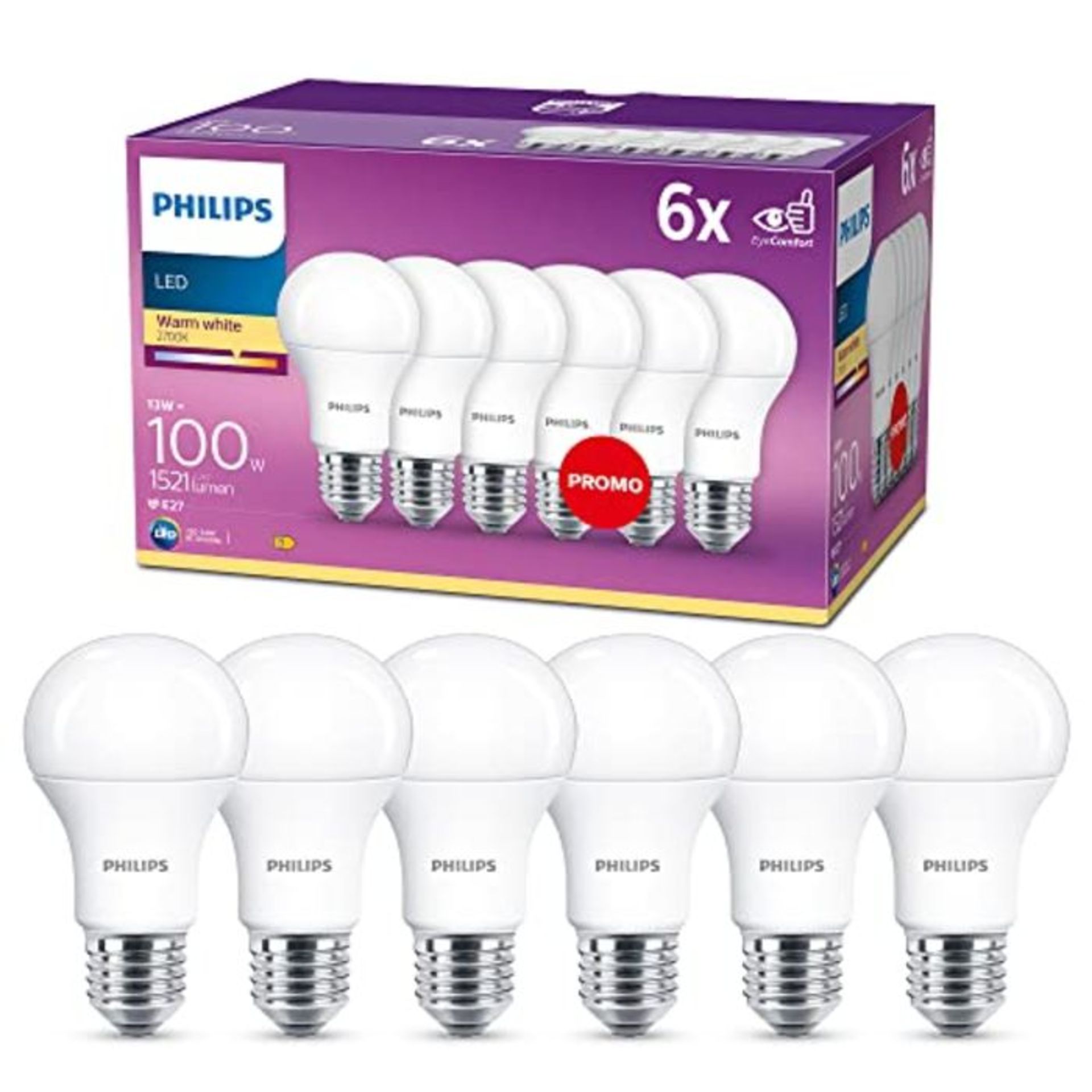 Philips LED A60 6 Pack Frosted Light Bulbs [E27 Edison Screw] 13W - 100 W Equivalent,