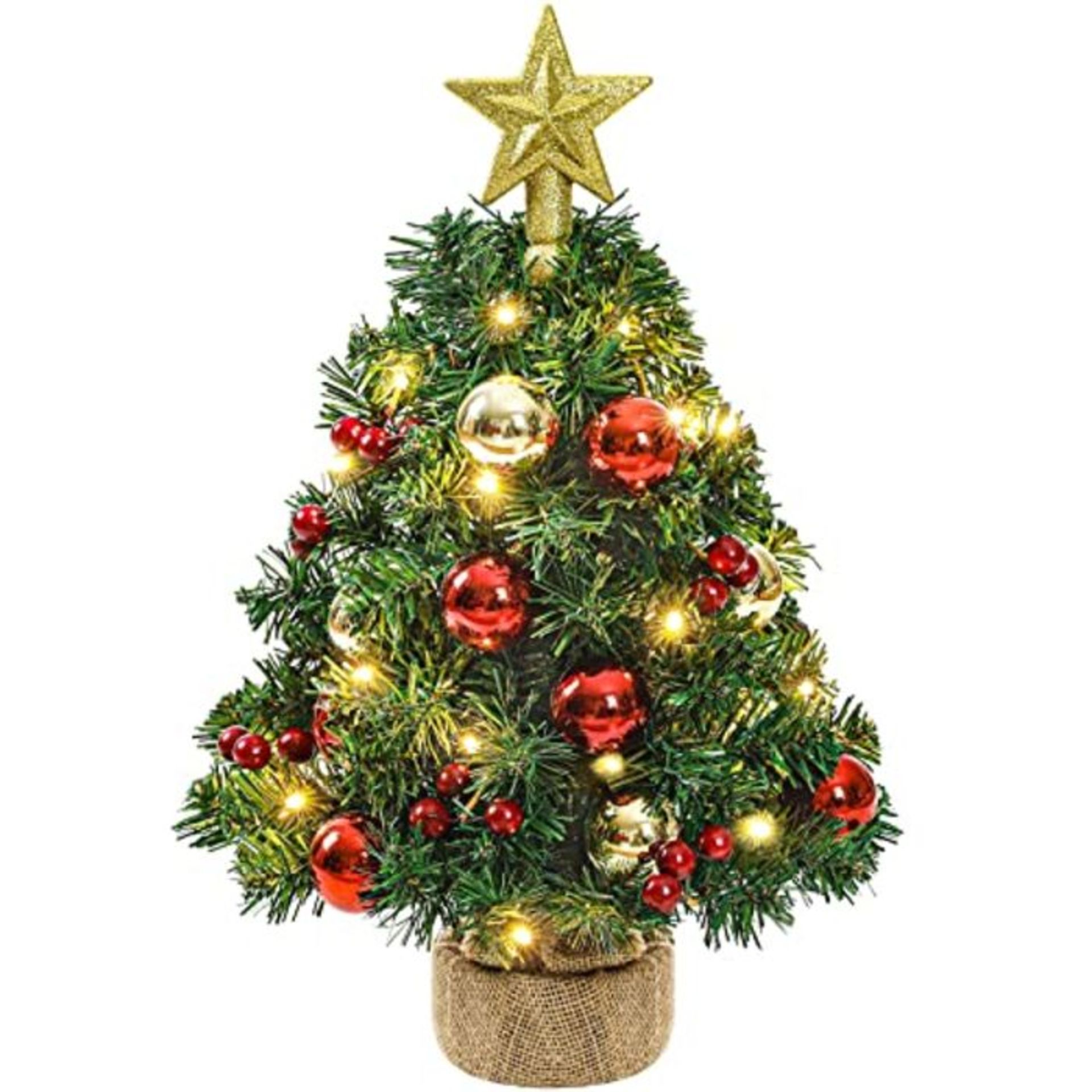 Yorbay Small Christmas Tree with 20 LED Light Baubles Star Topper 40cm Battery Mini Ar