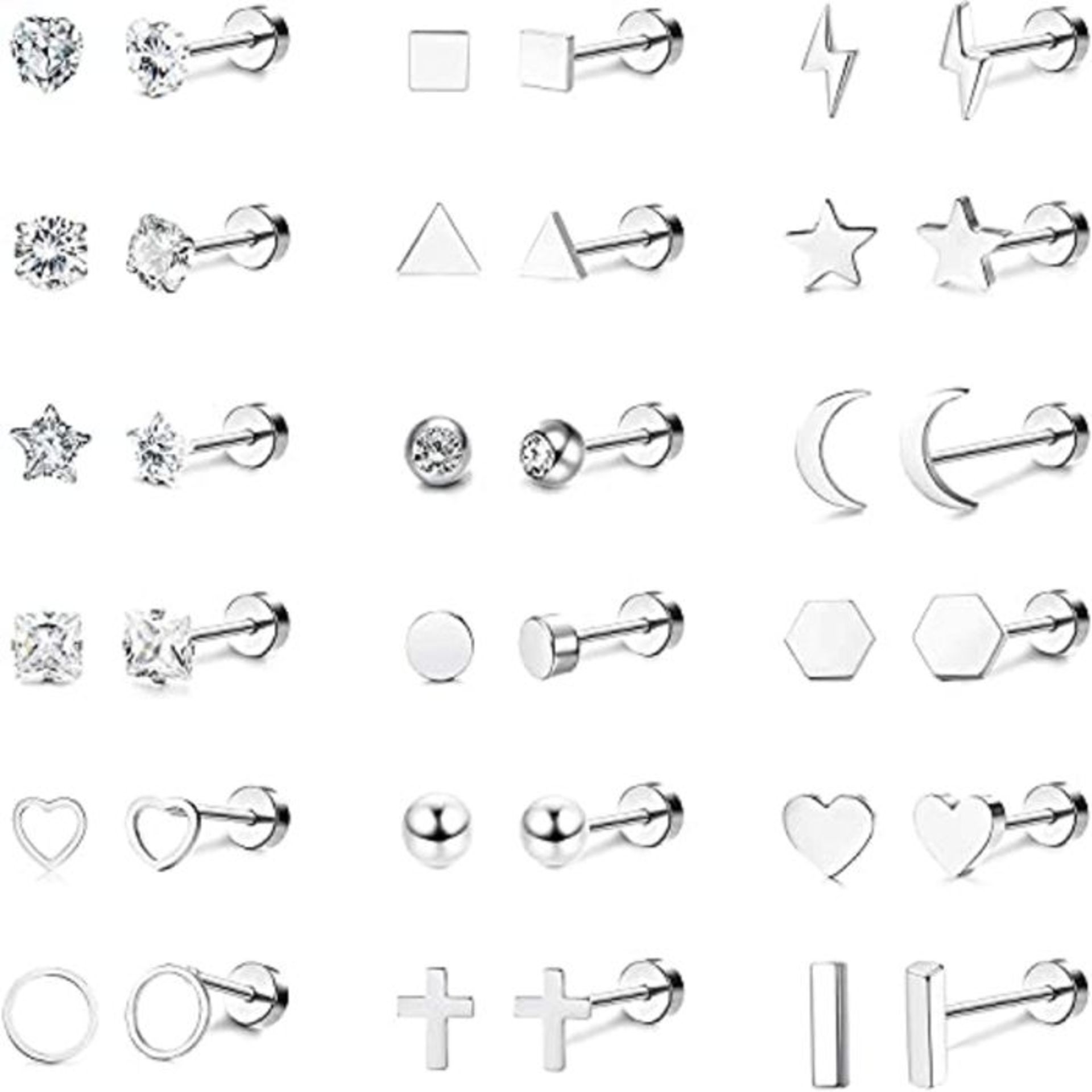 CASSIECA 18Pairs 316L Stainless Steel Star Moon Stud Earrings for Women Men Cute CZ In