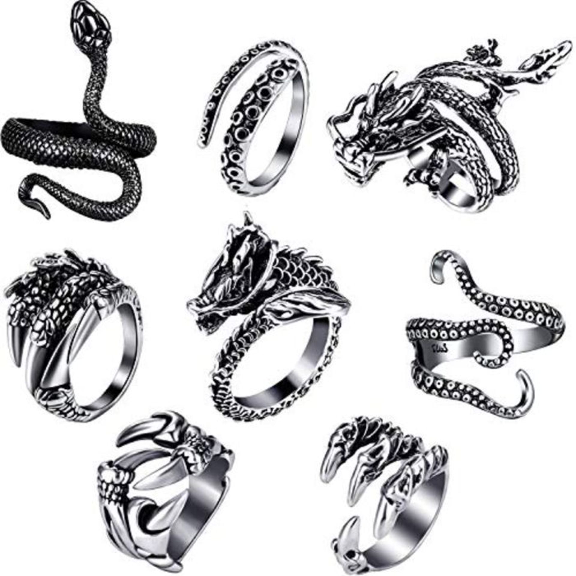 HICARER 8 Stück Vintage Punk Ringe Tintenfisch Drachen Schlange Verstellbarer Ring