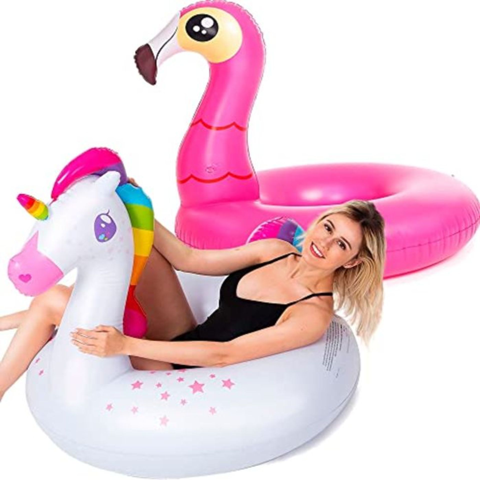 JOYIN Inflatable Flamingo and Unicorn Pool Float 2 Pack, Fun Beach Floaties, Swim Part