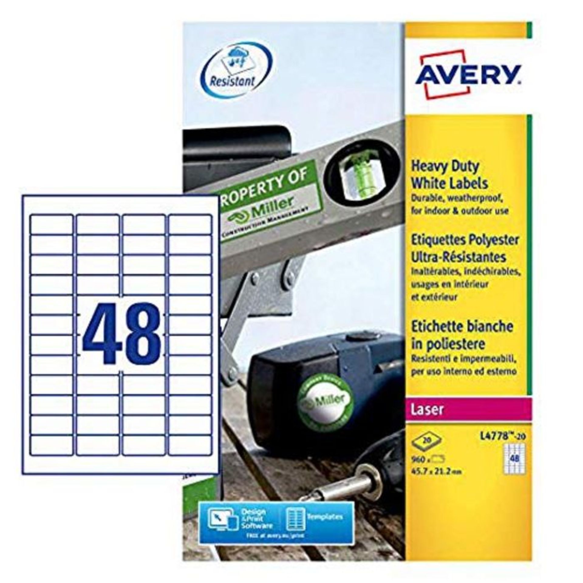 Avery L4778-20 (45.7 x 21.2mm) Extra-Strong Adhesive Heavy Duty Weatherproof Labels, 4