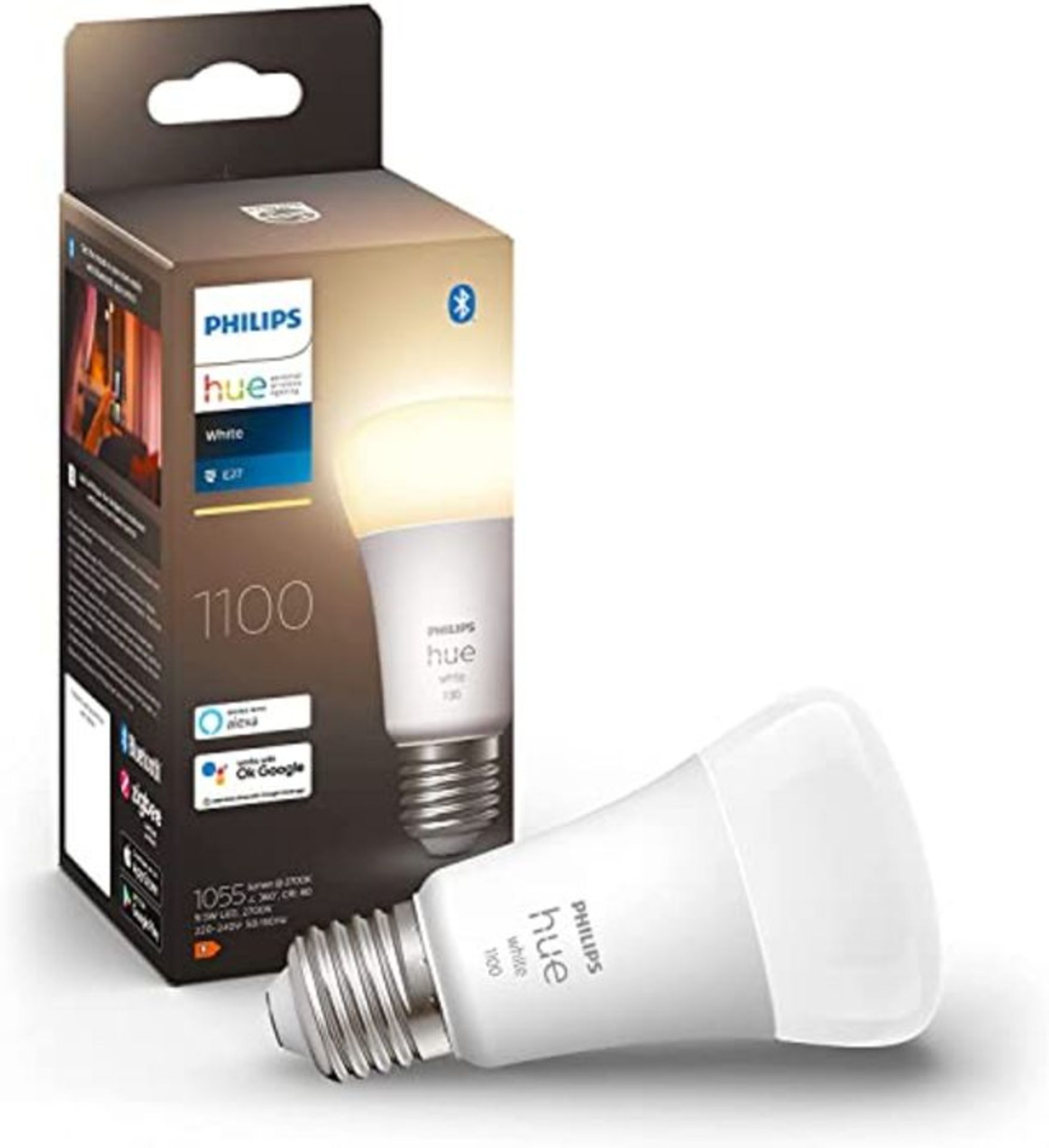 Philips Hue NEW White Smart Light Bulb 75W - 1100 Lumen [E27 Edison Screw] With Blueto