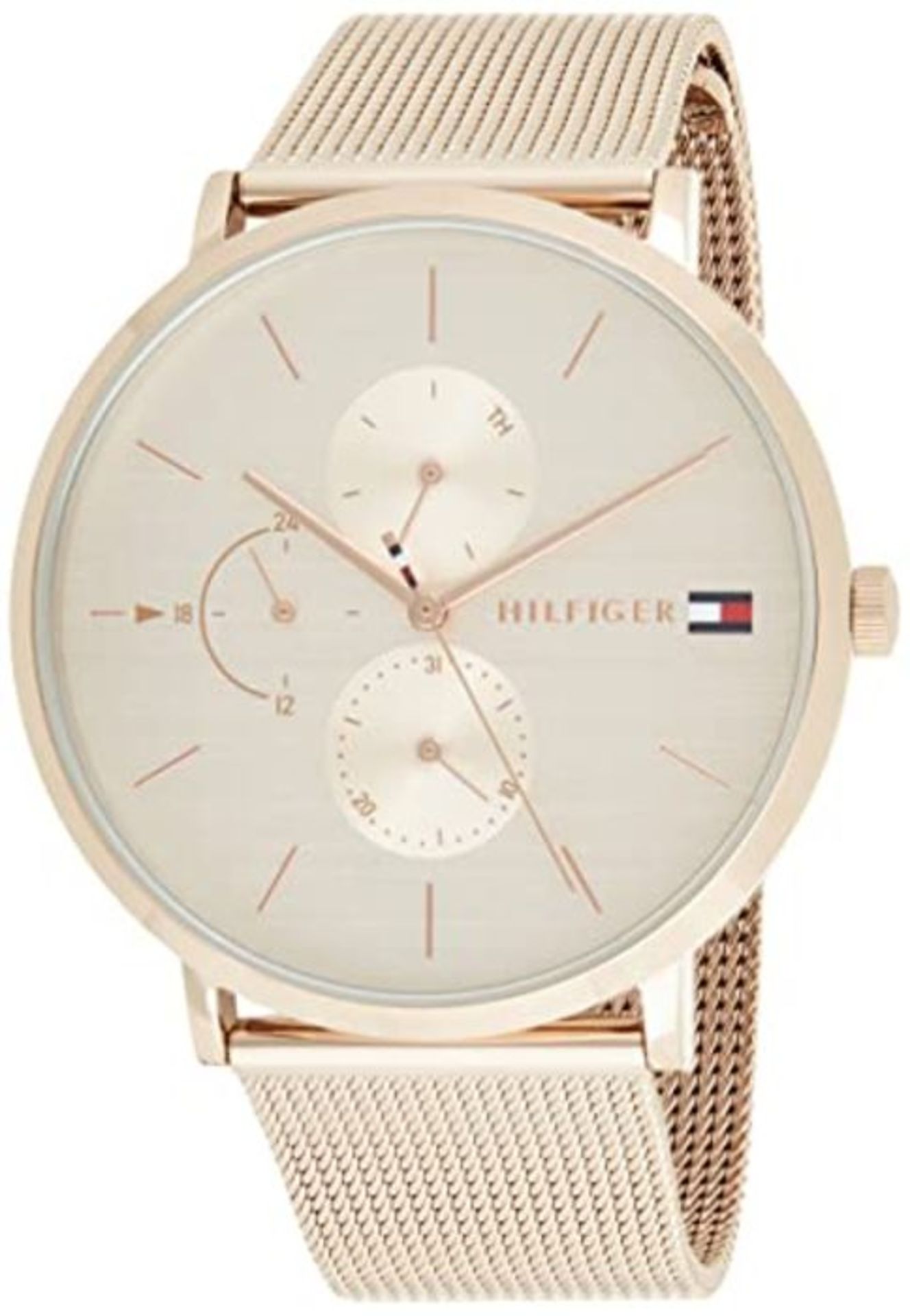 RRP £119.00 Tommy Hilfiger Damen Multi Zifferblatt Quarz Uhr mit RosÃ©gold Armband 1781944