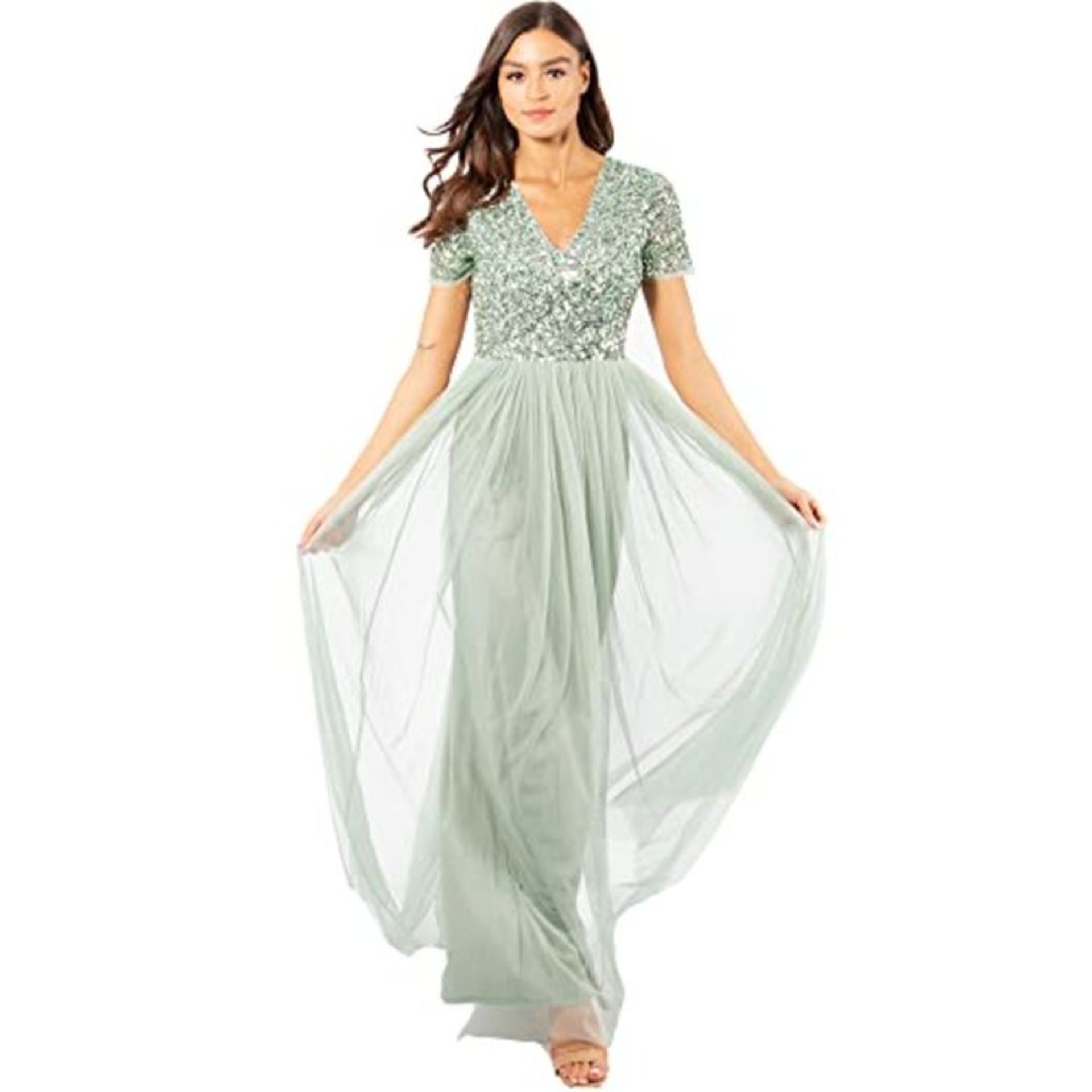 RRP £85.00 Maya Deluxe Women's Maya Green Lily V Neckline Embellished Maxi Dress Bridesmaid, 6