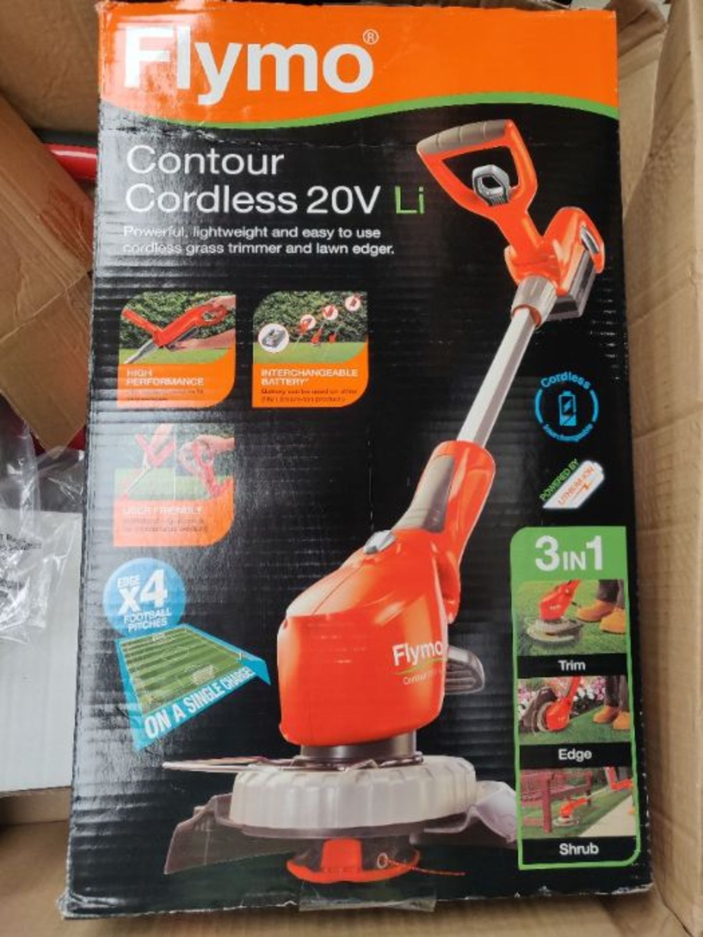 RRP £110.00 [INCOMPLETE] Flymo Contour Cordless 20V Li Grass Trimmer, 20V Li-Ion Battery, 25cm Cut