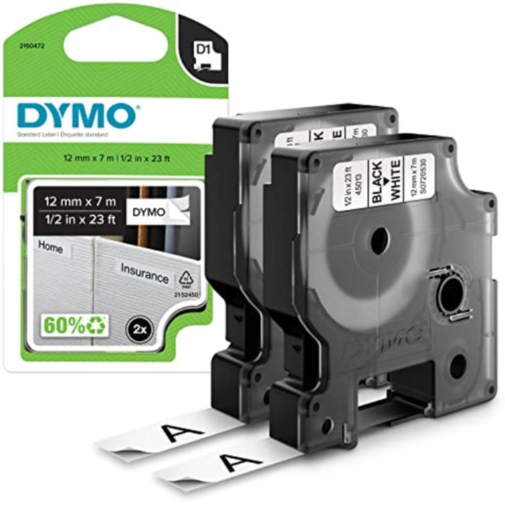 DYMO Authentic D1 Labels, Black Print on White, 12mm x 7m, Self-Adhesive Labels for La