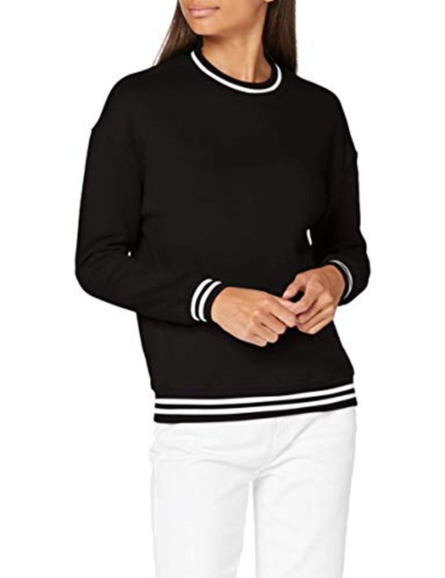 Build Your Brand Women's Ladies College Sweat Crew Pullover Sweater, Black/White, XL