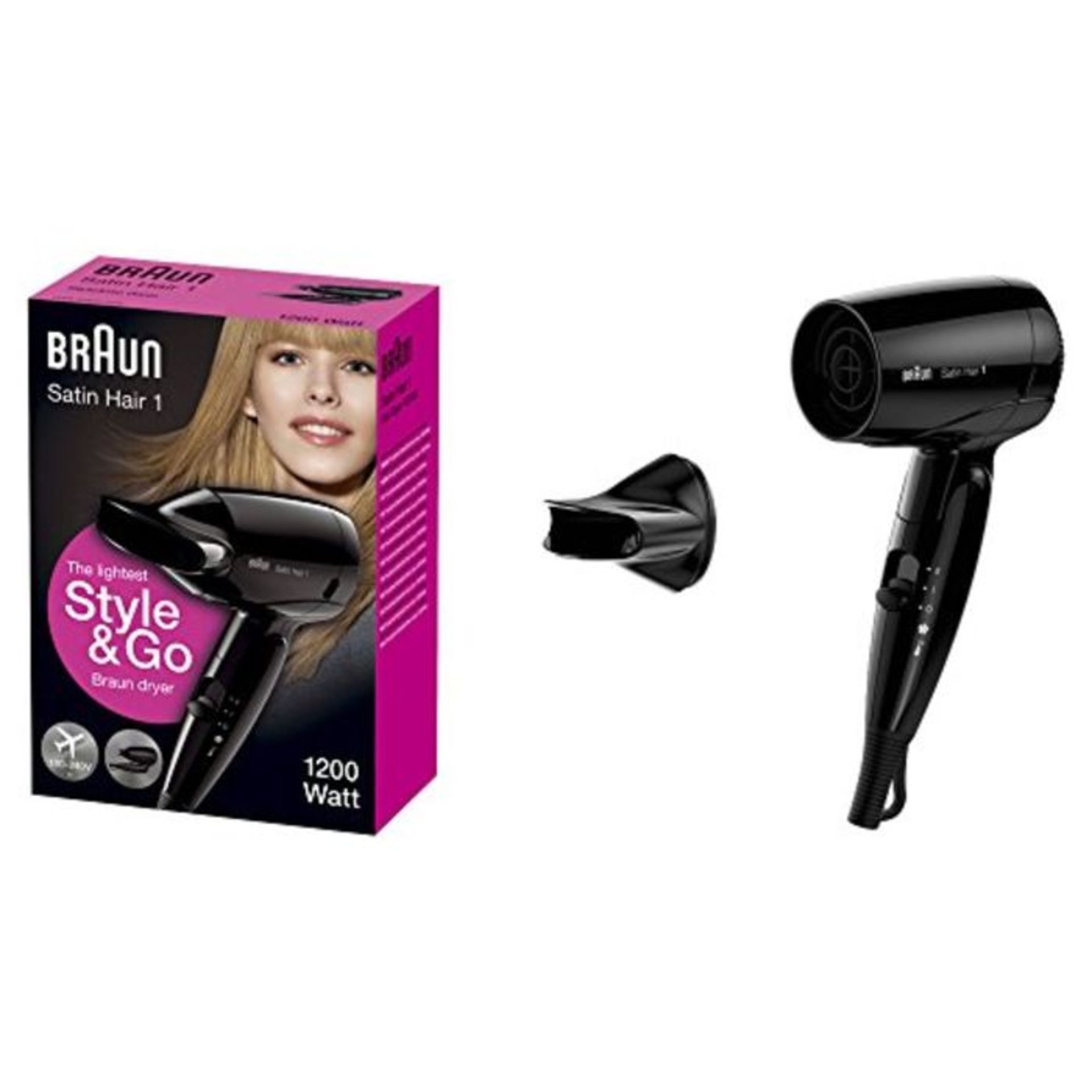 Braun Satin HairÂ 1 Style&Go Haartrockner, FÃ¶hn mit StylingdÃ¼se, klappbar, HD1