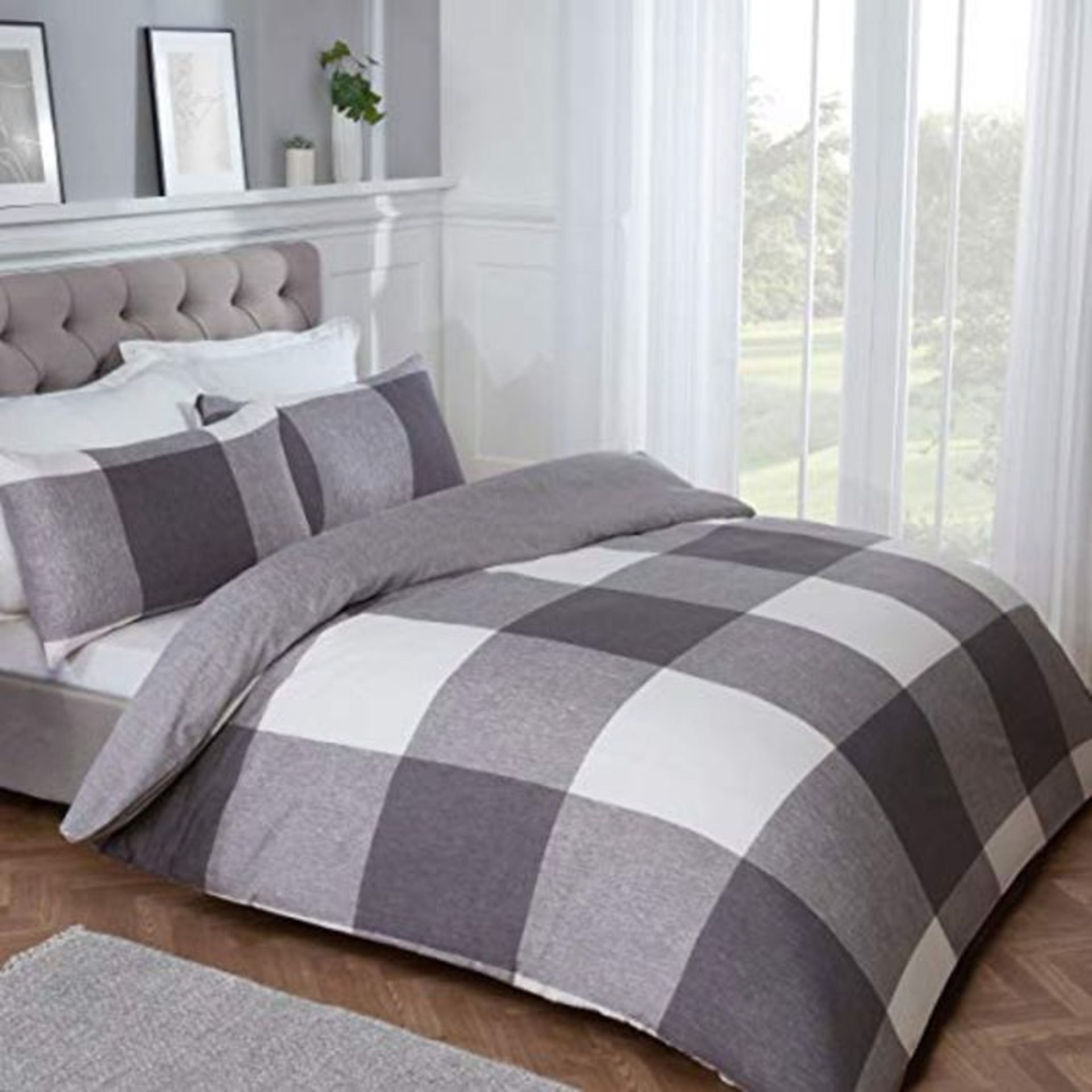 Sleepdown Gingham Check Charcoal Grey Plain Reverse Soft Easy Care Duvet Cover Quilt B