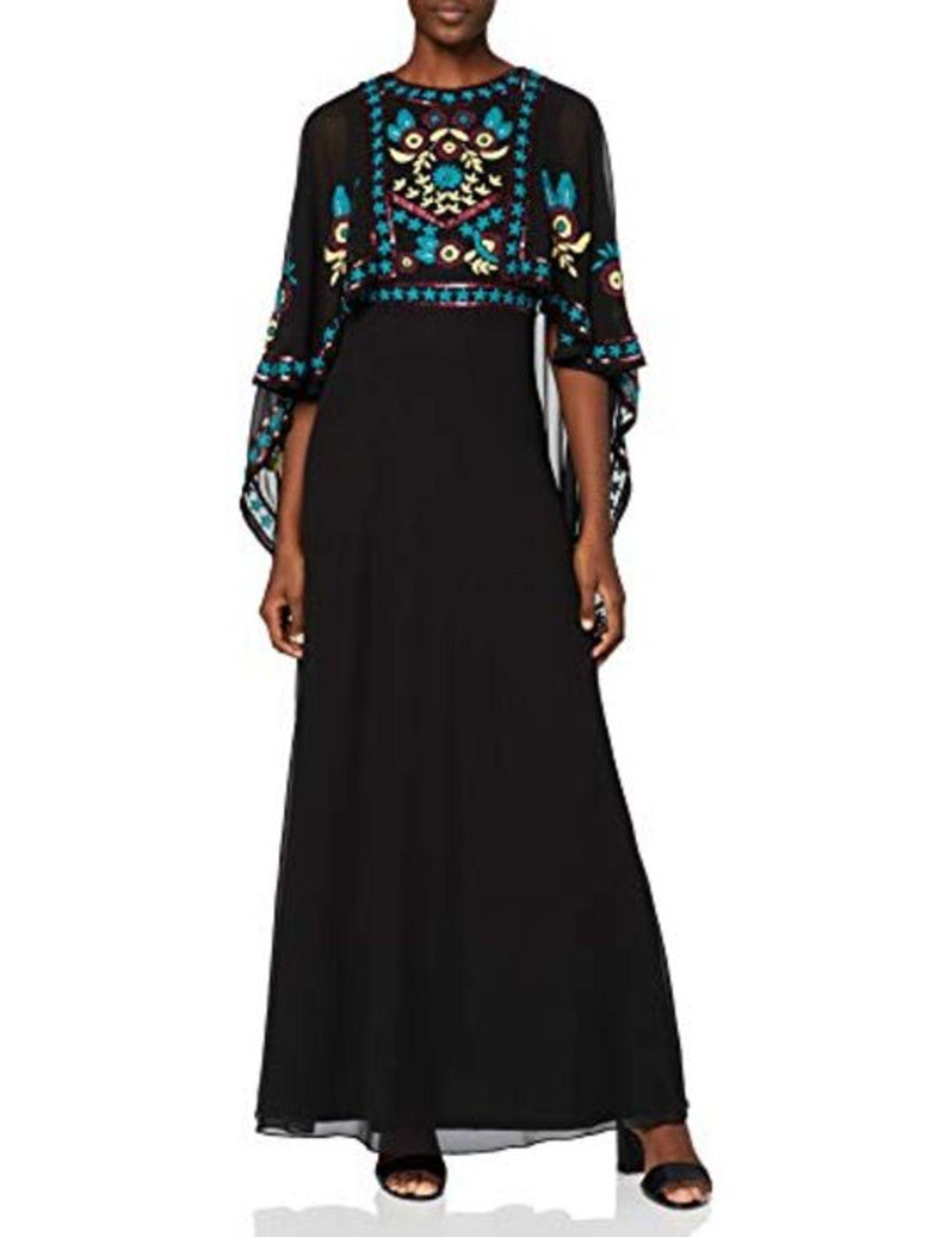 RRP £88.00 Frock and Frill Women's Cape Sleeve Embroidered Maxi Dress Cocktail, Black, 14