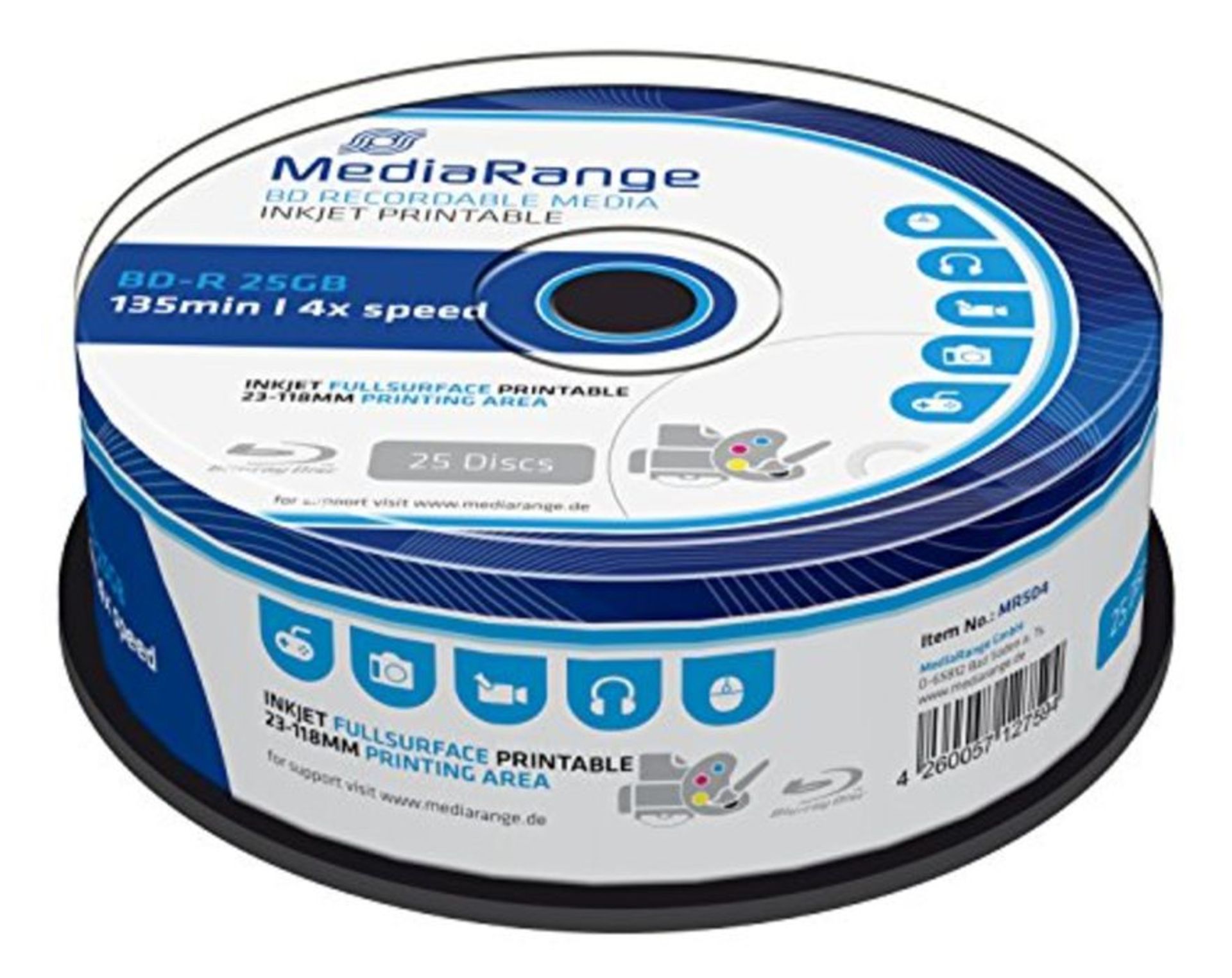 MediaRange MR504 BD-R Blu-ray Disc (25GB 4x Speed, bedruckbar, 25 Stück)