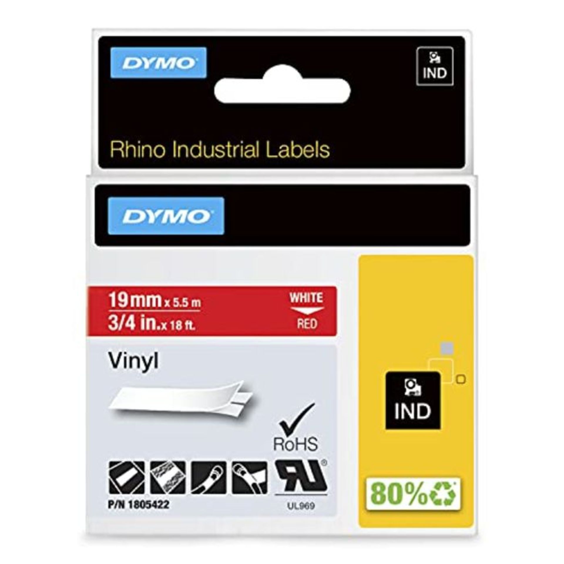 Dymo Rhino Industrial Labels Vinyl 19 mm x 5.5m - White on Red