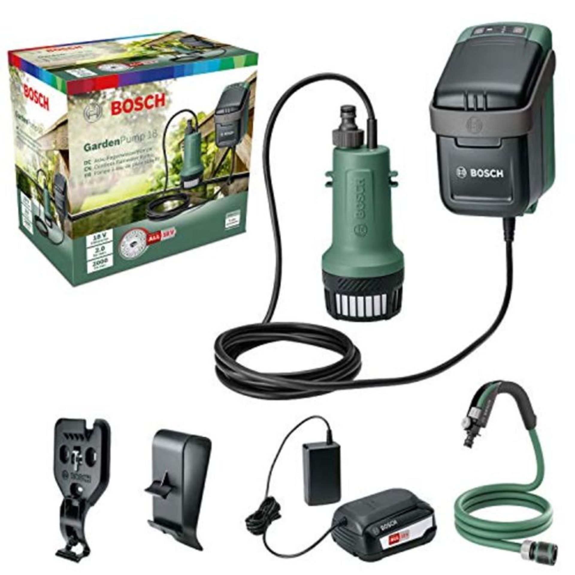 RRP £129.00 Bosch Tauchpumpe GardenPump 18 (1x Akku, 18-Volt-System, max. Länge des Gartenschlauc