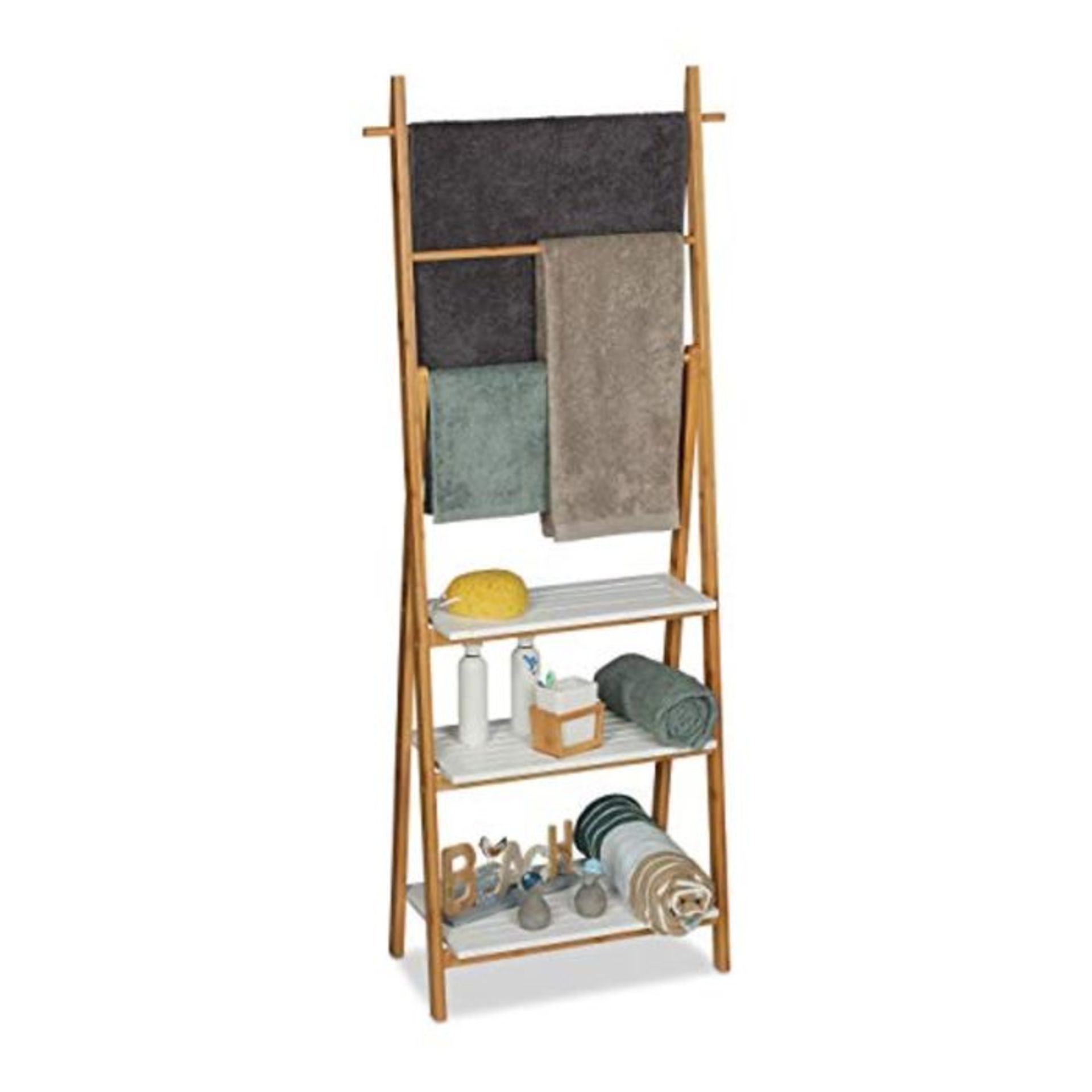 Relaxdays Rack, Natural Bathroom Shelf with Towel Rails, Bamboo, MDF, HWD 150x50x30cm