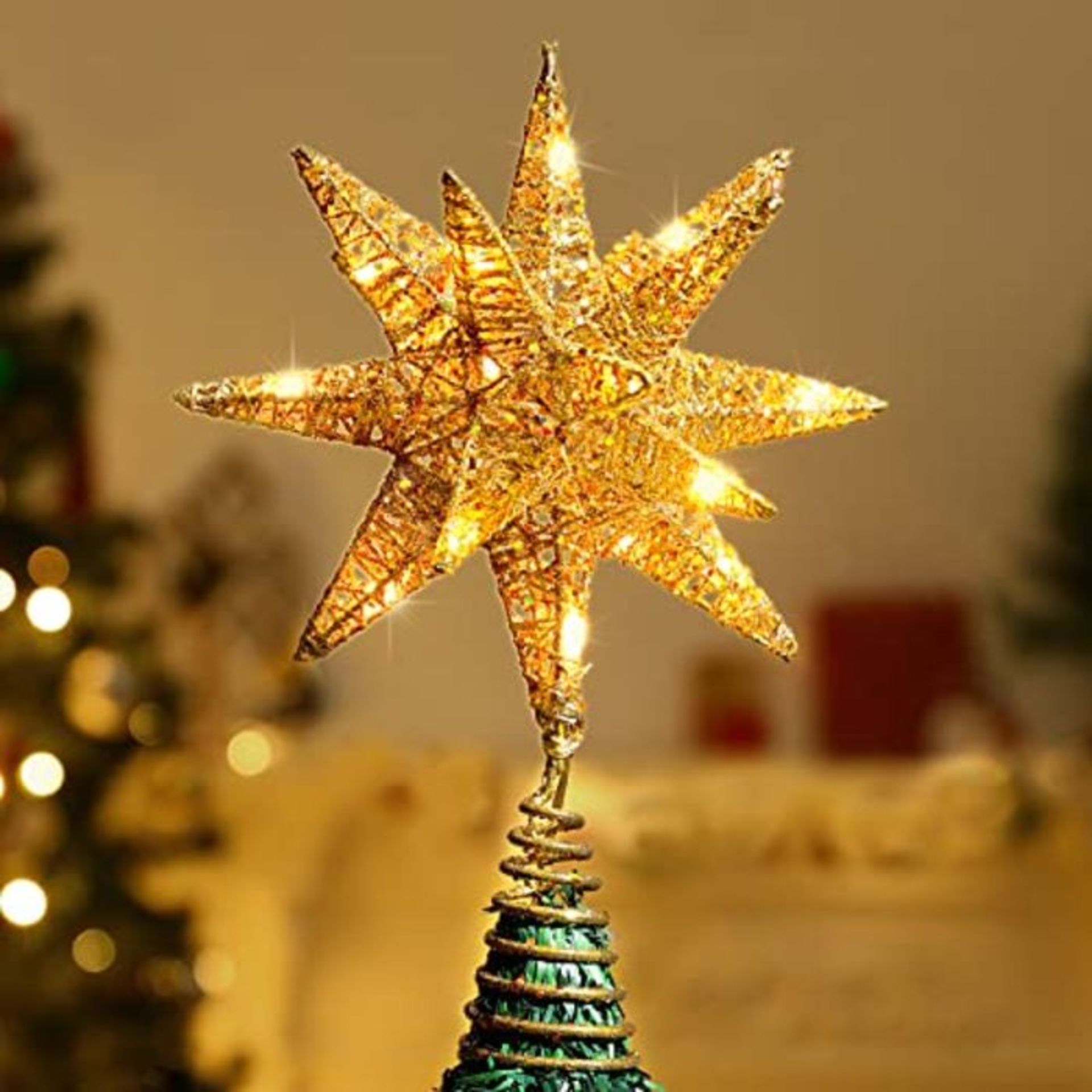 Lewondr Star Tree Topper, Battery Powered 3D Geometric Star Decorative LED Lights Beau