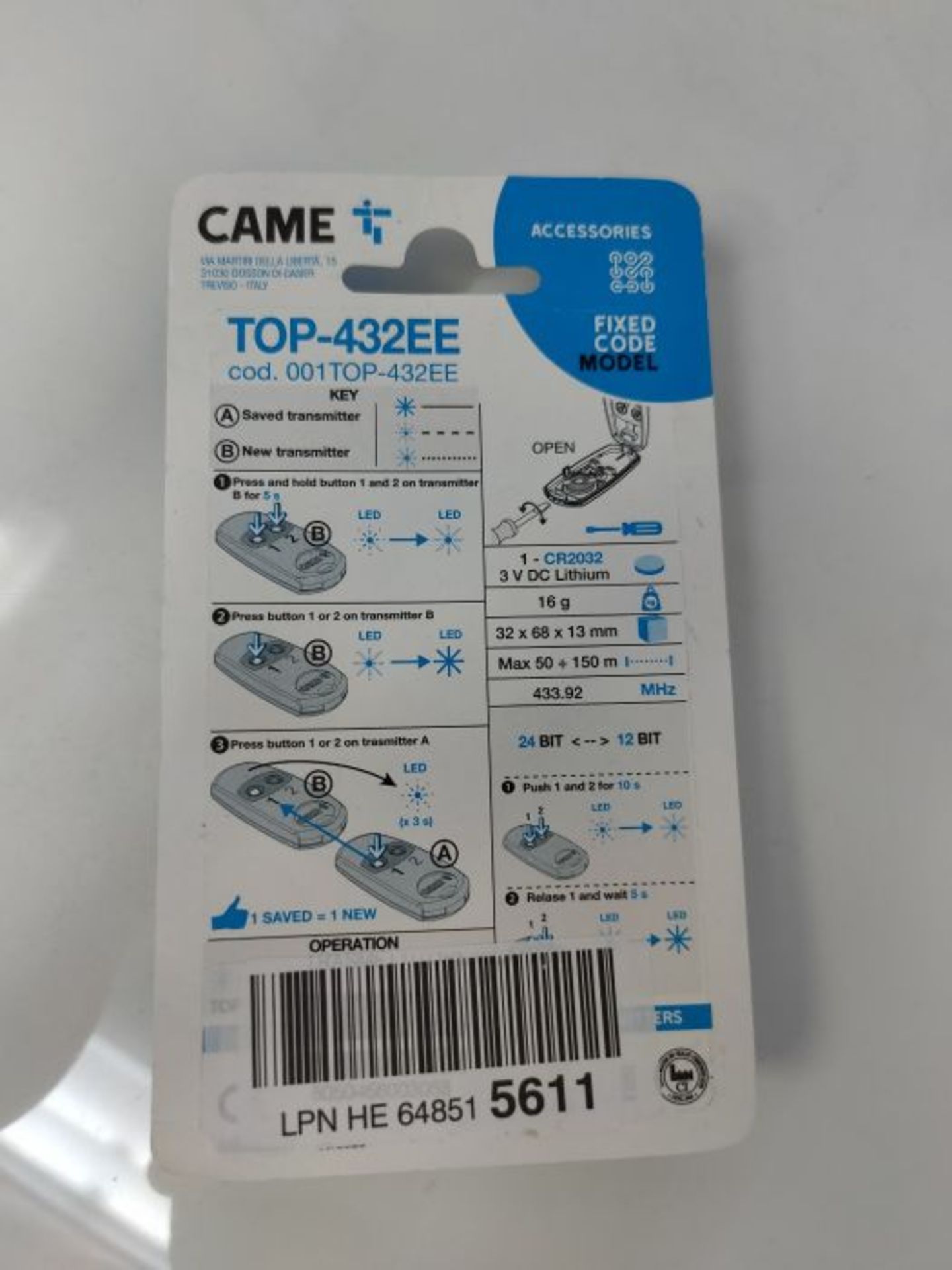 CAME TOP 432 EV Remote Control gate-Opener Original, Replaces TOP432NA - Top 432 S - Image 6 of 6