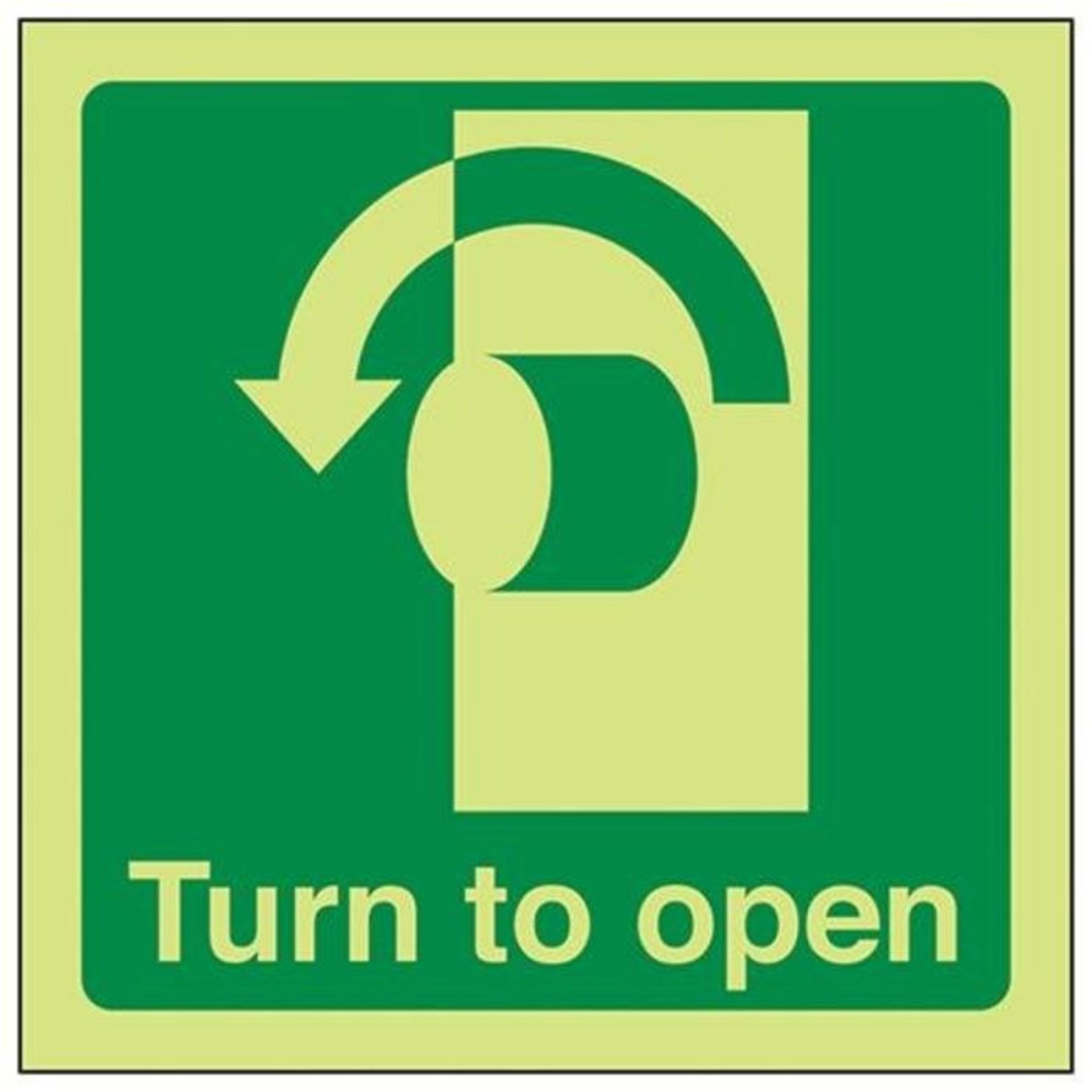 VSafety Glow In The Dark Turn To Open (Anti-Clockwise) Door Sign - 100mm x 100mm - Sel