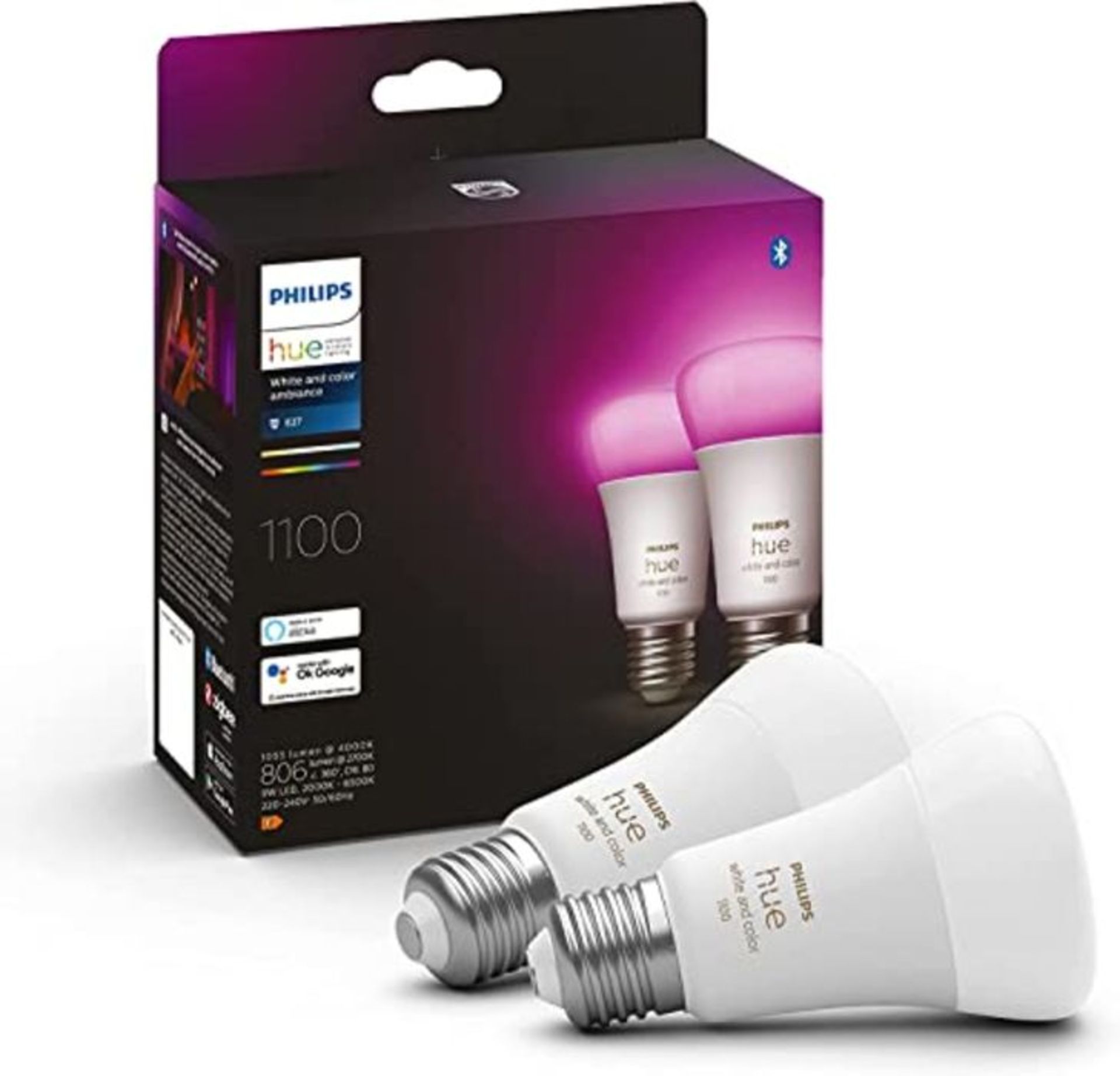 RRP £80.00 Philips Hue New White and Colour Ambiance Smart Light Bulb 2 Pack 75W - 1100 Lumen [E2