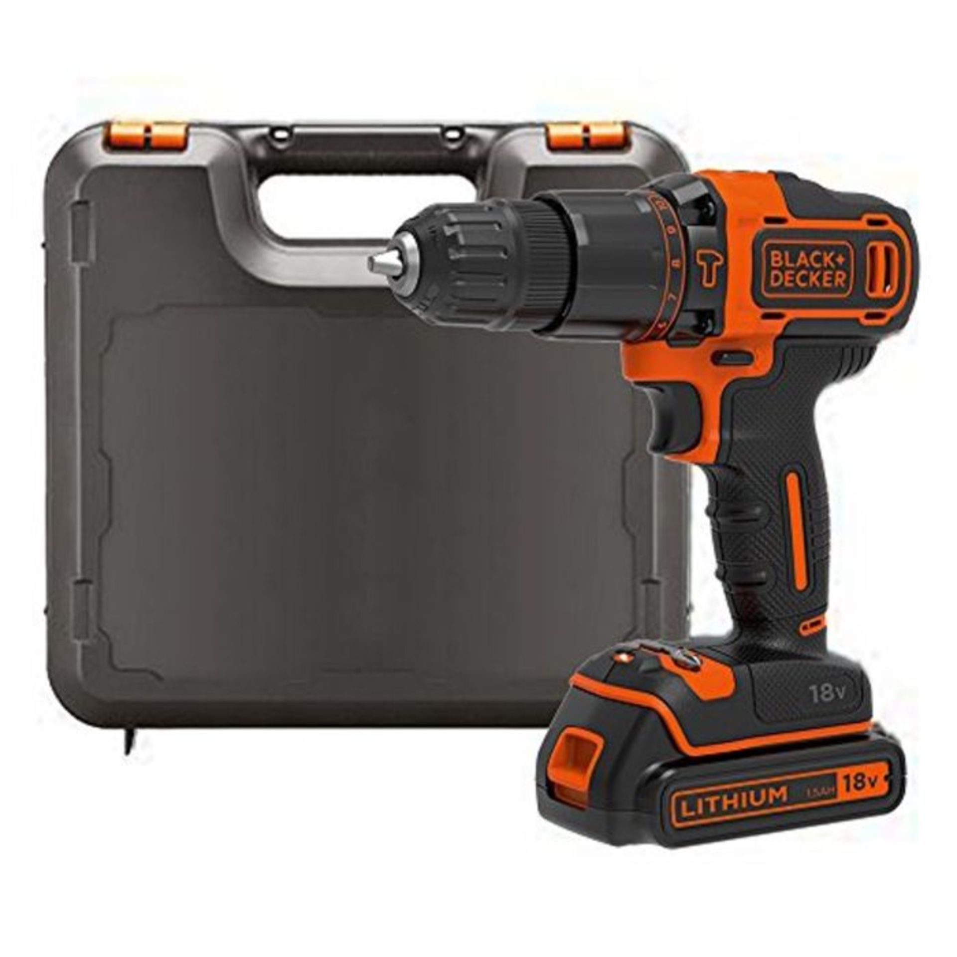RRP £99.00 BLACK + DECKER 18V Lithium-ion 2 Gear Hammer Drill with 400mA Charger, 1 Battery and K